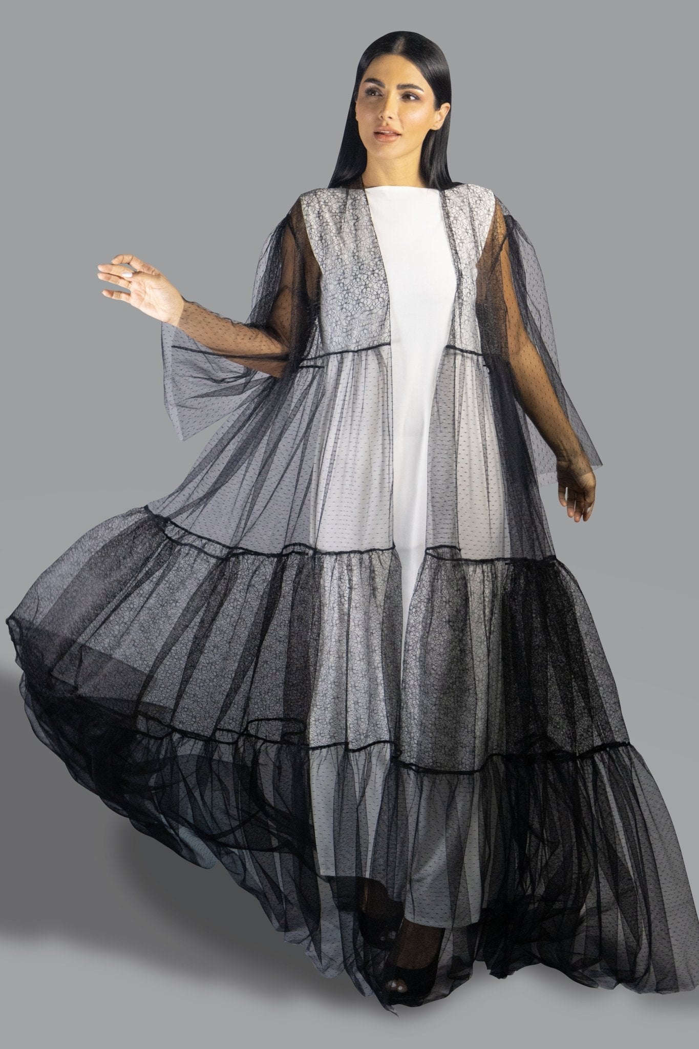 Chic Black Sheer Tulle Layered Abaya - Gown - Ceremony