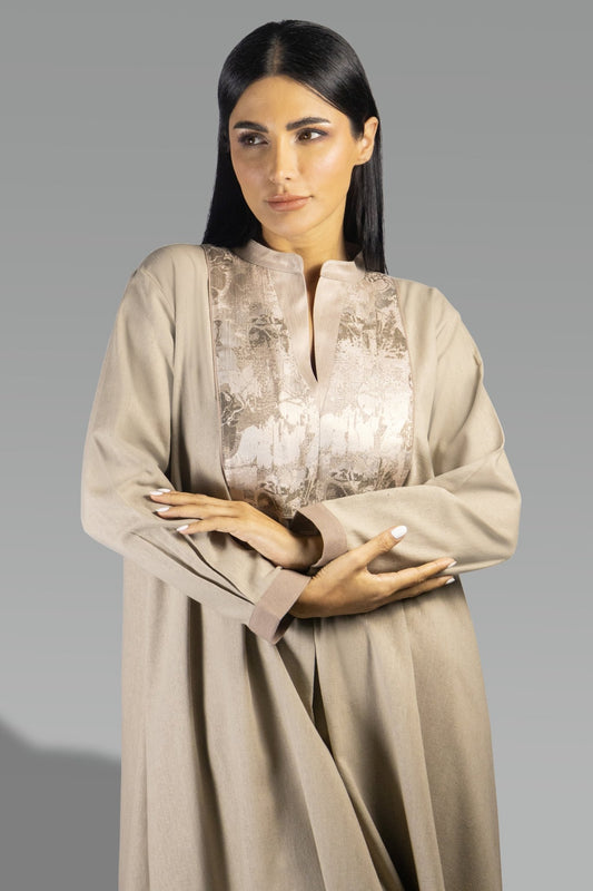 Elegant Beige Shirt Dress with Brocade Accent - Gown - Ceremony