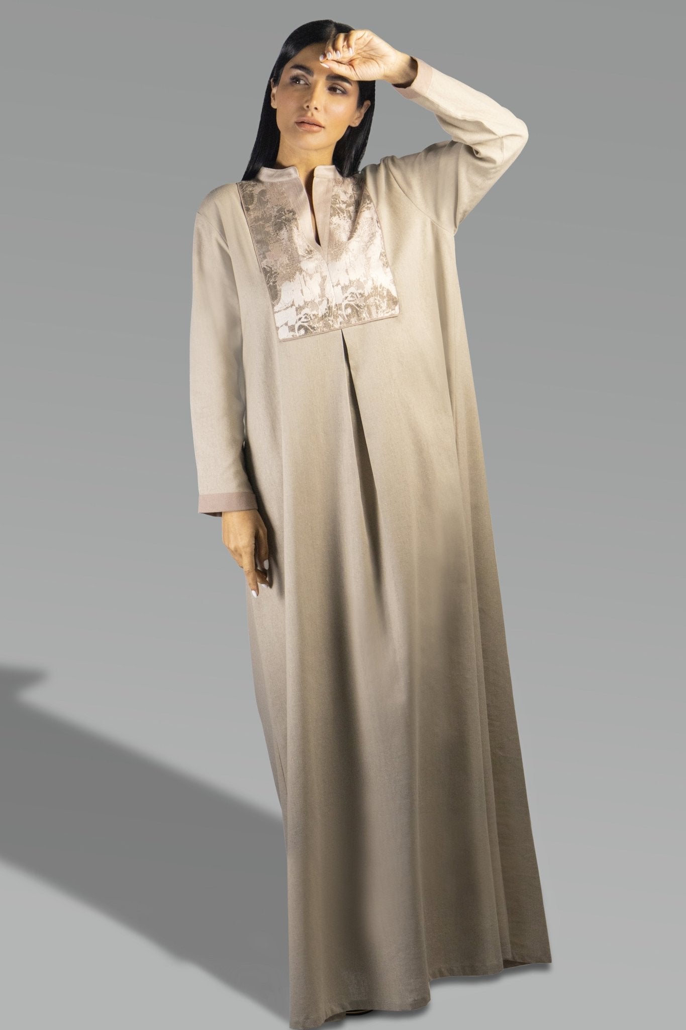 Elegant Beige Shirt Dress with Brocade Accent - Gown - Ceremony