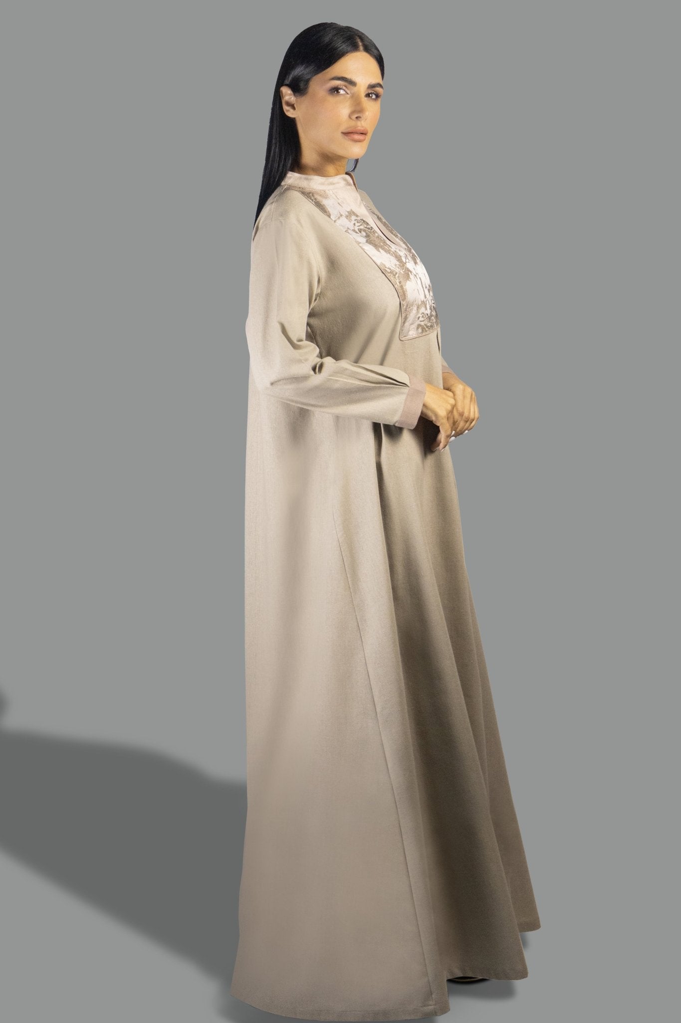 Elegant Beige Shirt Dress with Brocade Accent - Gown - Ceremony