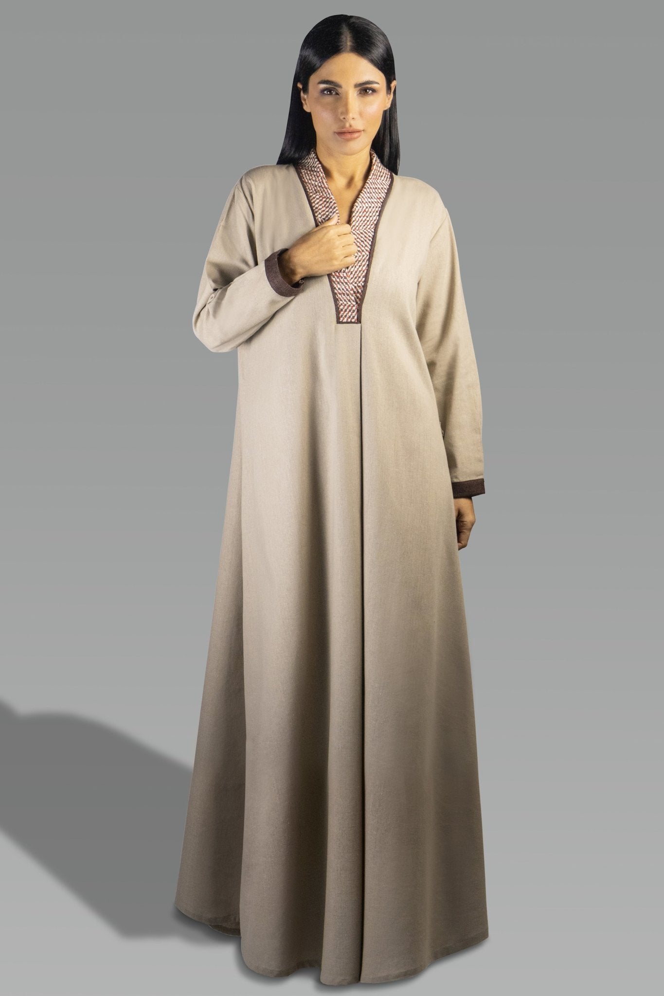 Elegant Beige Shirt Dress with Contrast Trim - Gown - Ceremony