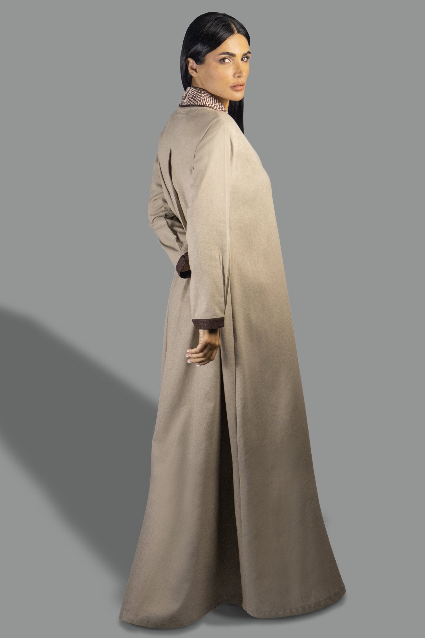 Elegant Beige Shirt Dress with Contrast Trim - Gown - Ceremony