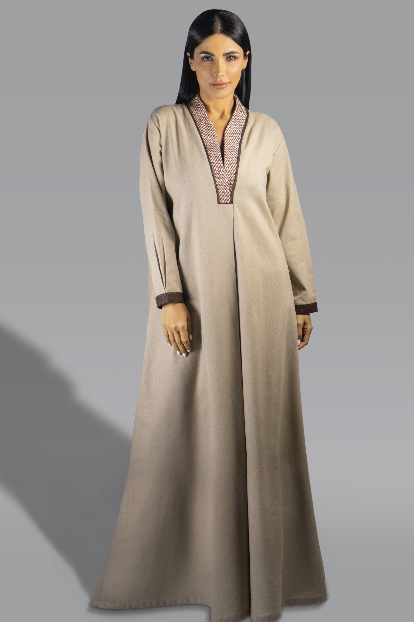 Elegant Beige Shirt Dress with Contrast Trim - Gown - Ceremony