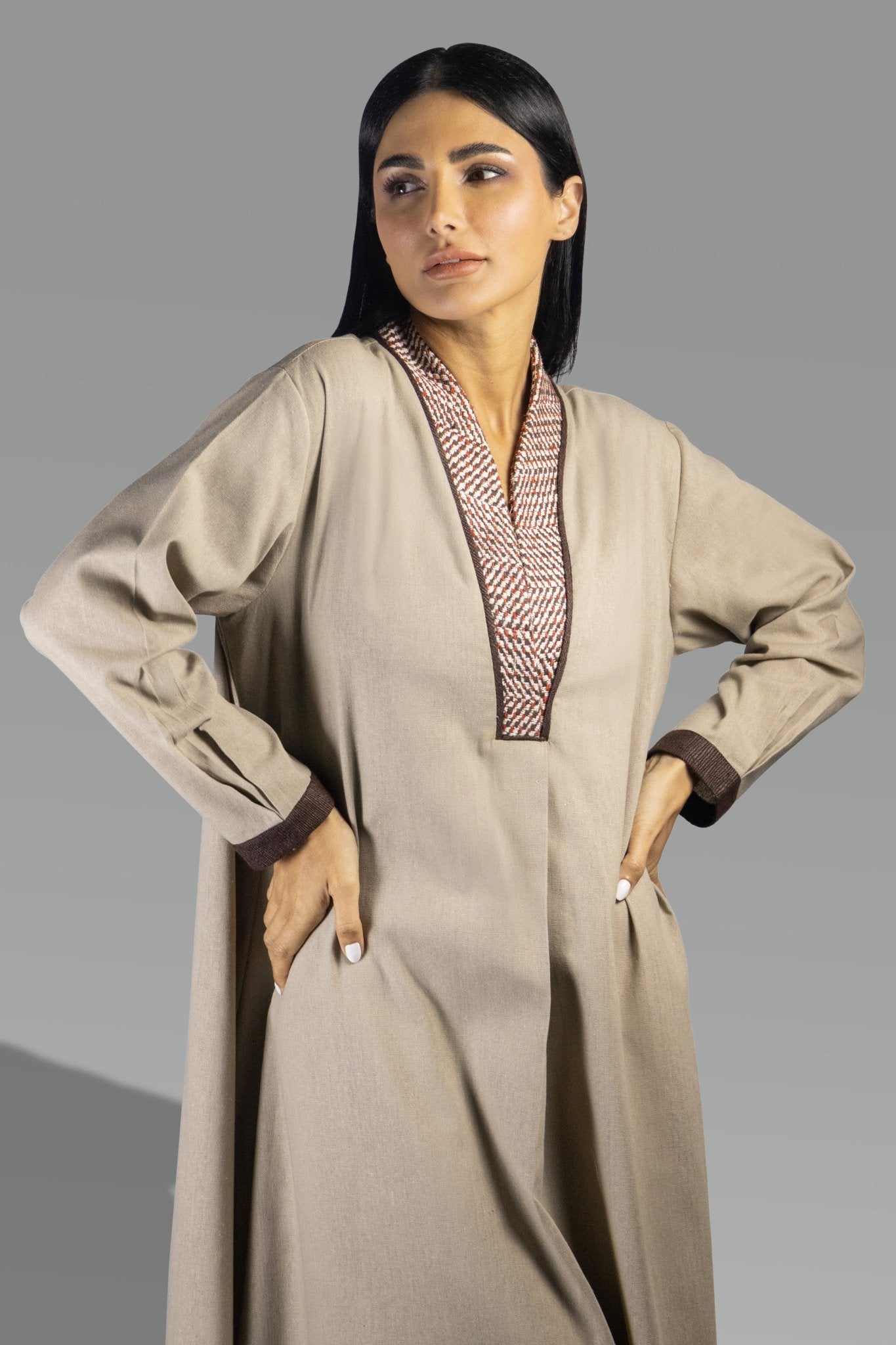 Elegant Beige Shirt Dress with Contrast Trim - Gown - Ceremony