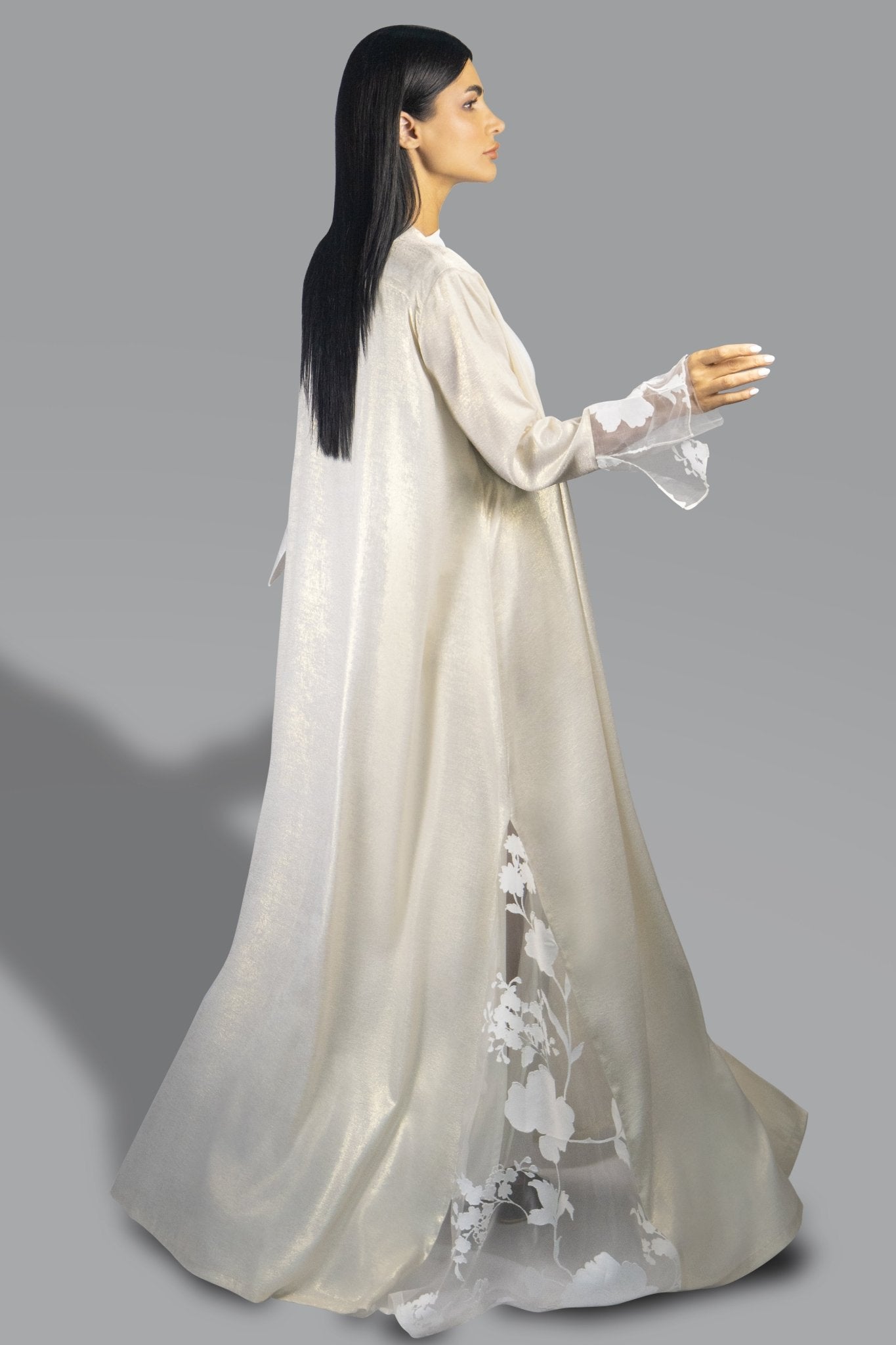 Elegant Golden Ivory Abaya with Sheer Floral Accents - Gown - Ceremony