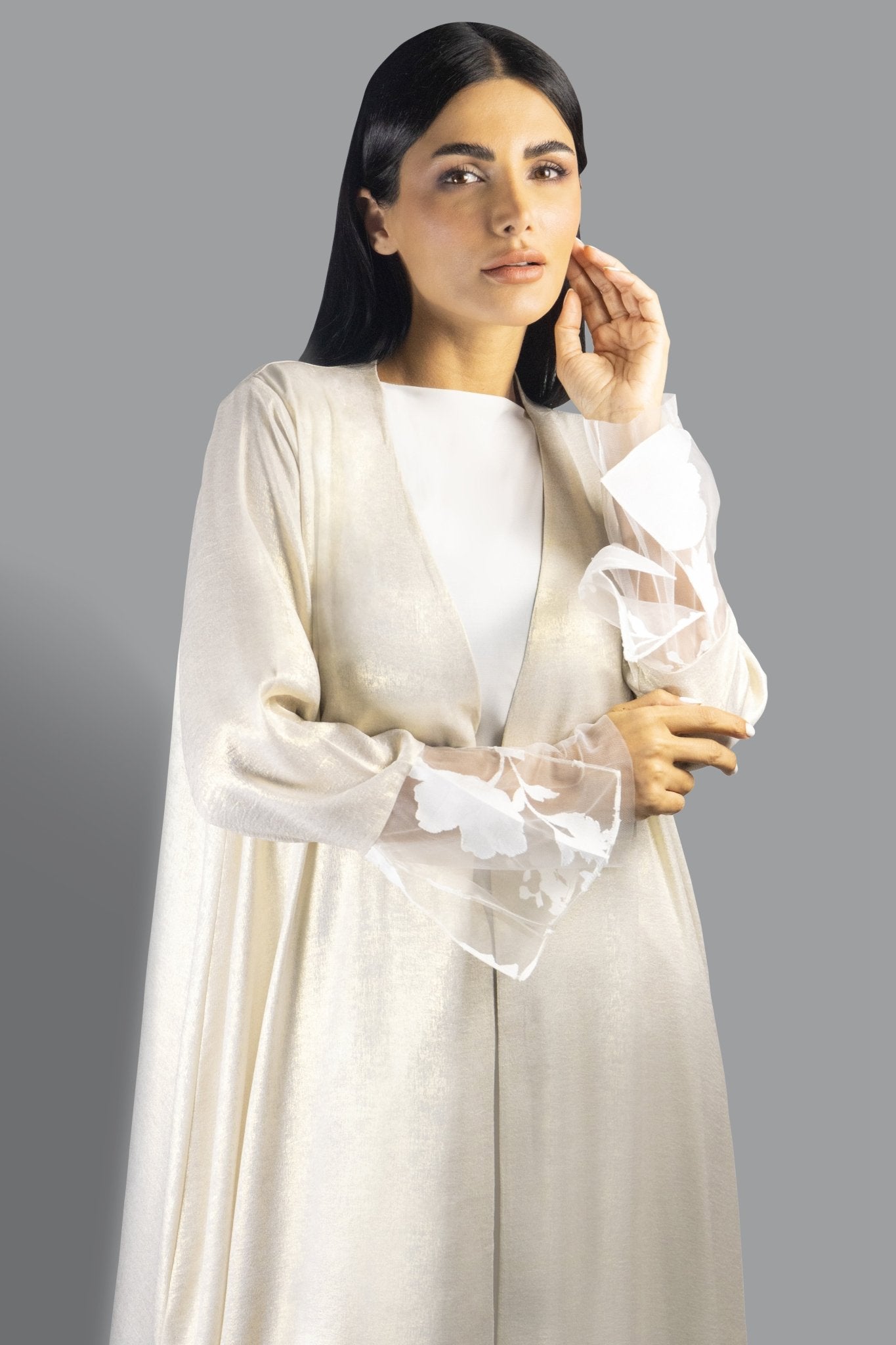 Elegant Golden Ivory Abaya with Sheer Floral Accents - Gown - Ceremony