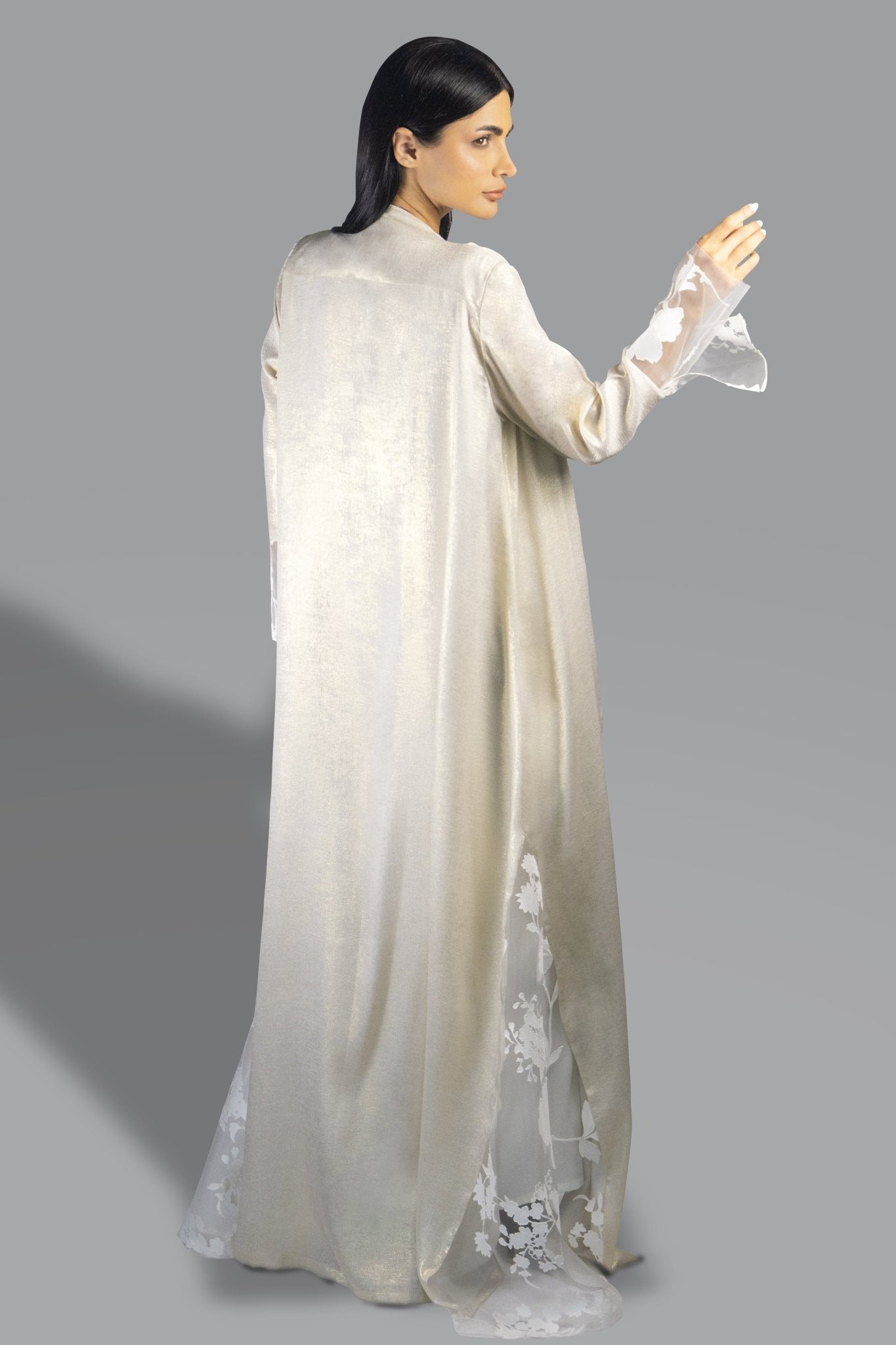 Elegant Golden Ivory Abaya with Sheer Floral Accents - Gown - Ceremony