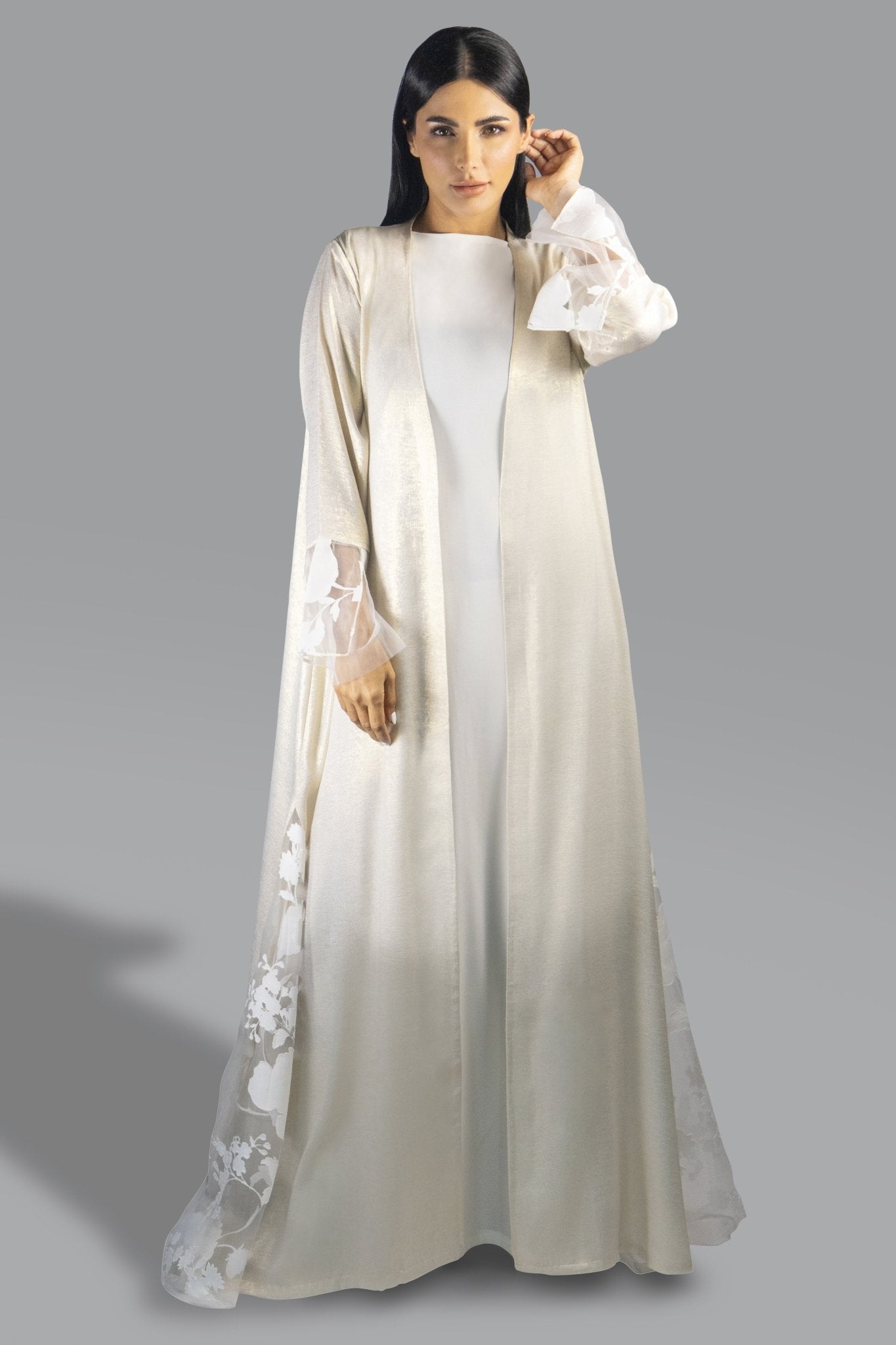 Elegant Golden Ivory Abaya with Sheer Floral Accents - Gown - Ceremony