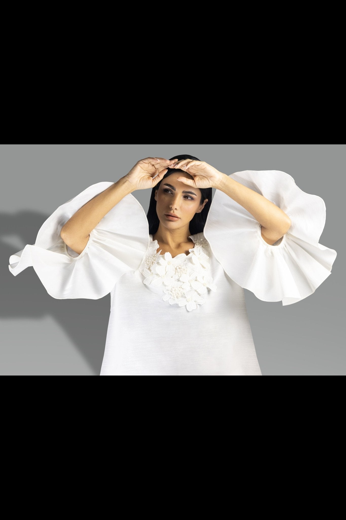 Elegant Off - White Flare Sleeve Gown with Floral Appliqué - Gown - Ceremony