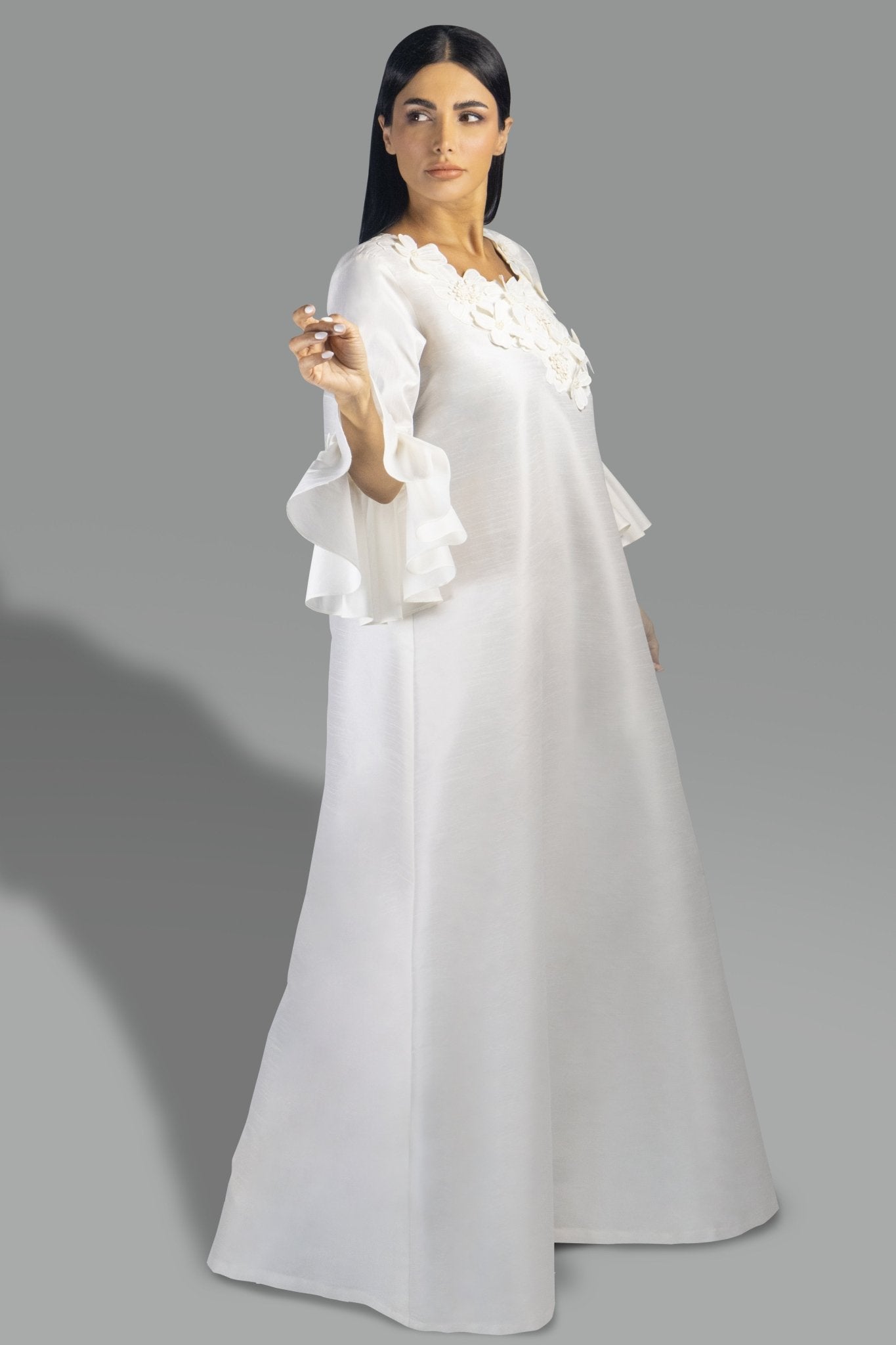 Elegant Off - White Flare Sleeve Gown with Floral Appliqué - Gown - Ceremony