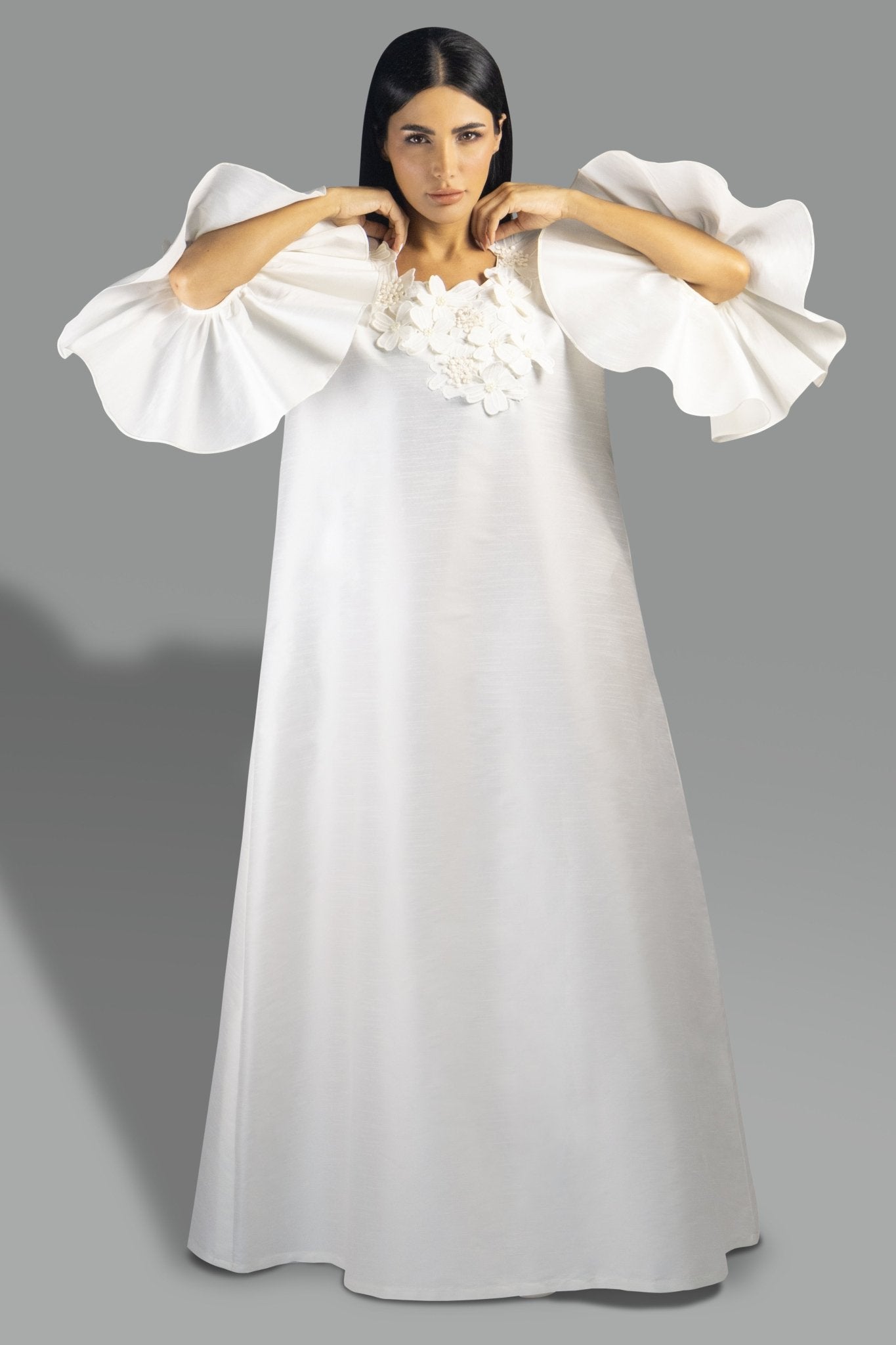 Elegant Off - White Flare Sleeve Gown with Floral Appliqué - Gown - Ceremony