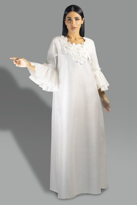 Elegant Off - White Flare Sleeve Gown with Floral Appliqué - Gown - Ceremony