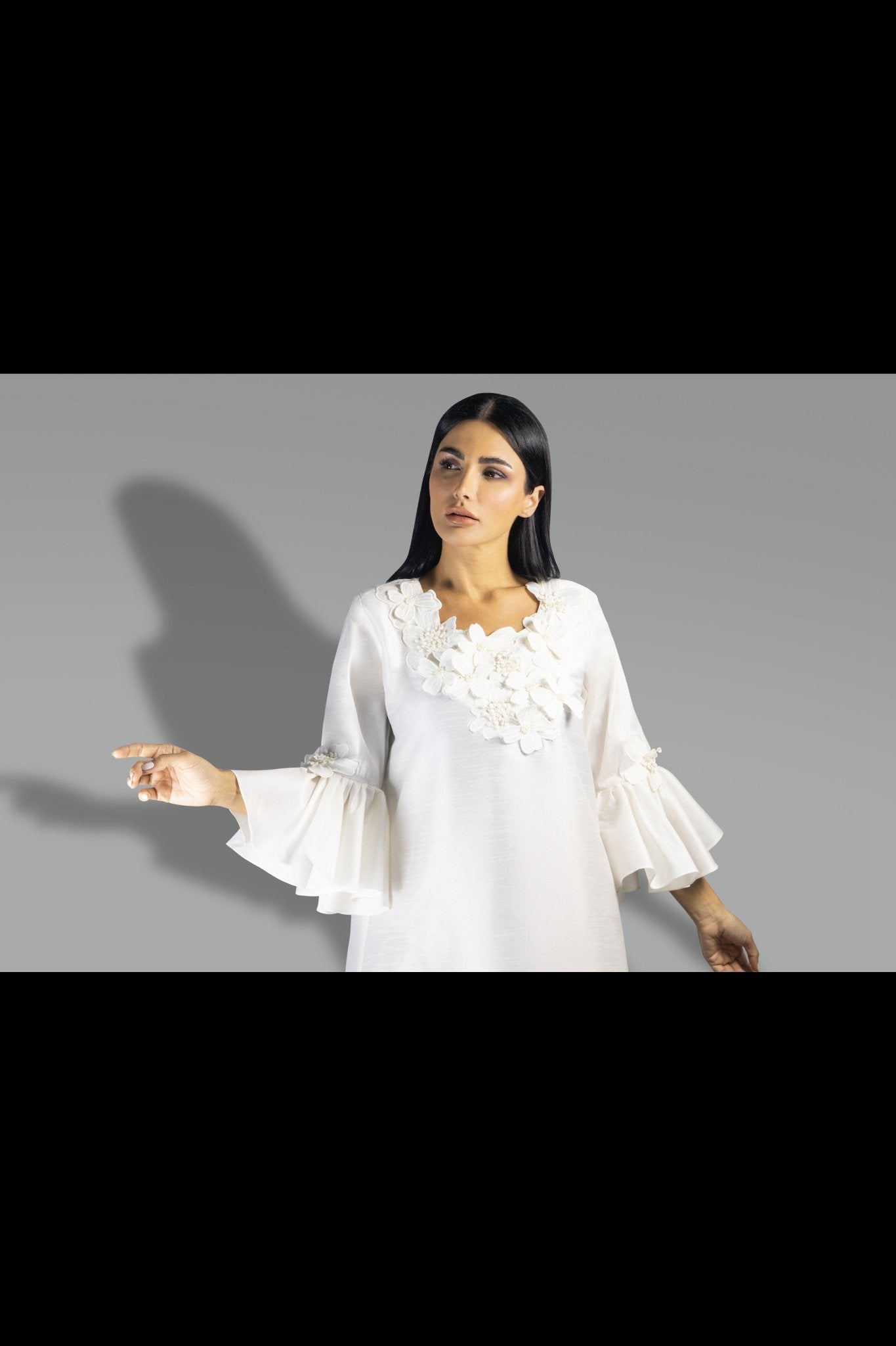 Elegant Off - White Flare Sleeve Gown with Floral Appliqué - Gown - Ceremony