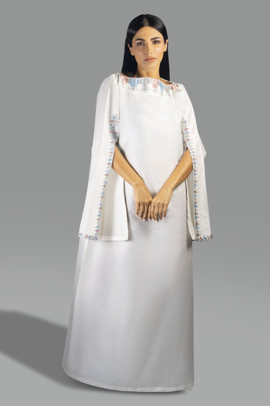 Elegant Off - White Gown with Embroidered Cape Sleeves - Gown - Ceremony