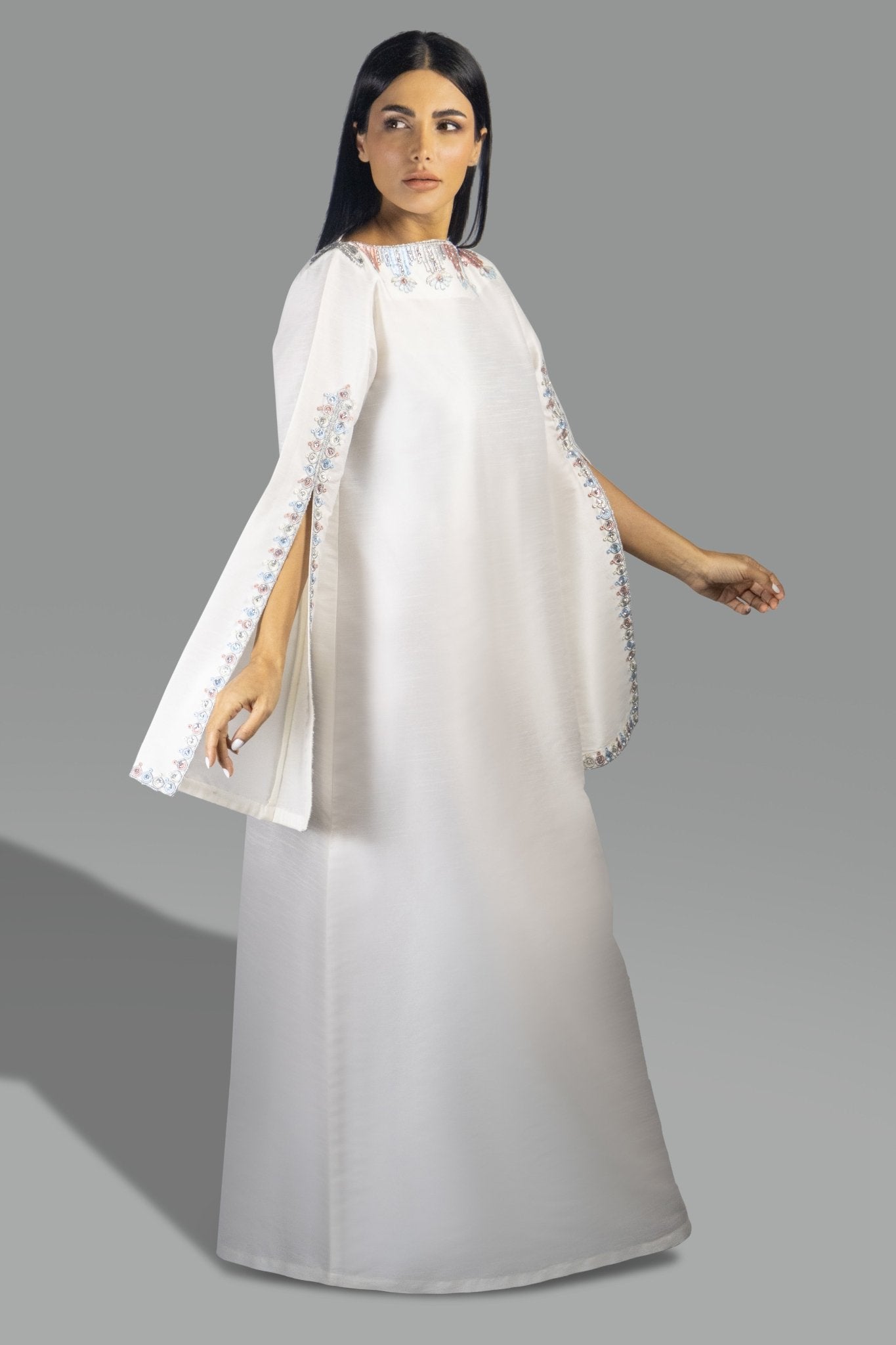 Elegant Off - White Gown with Embroidered Cape Sleeves - Gown - Ceremony