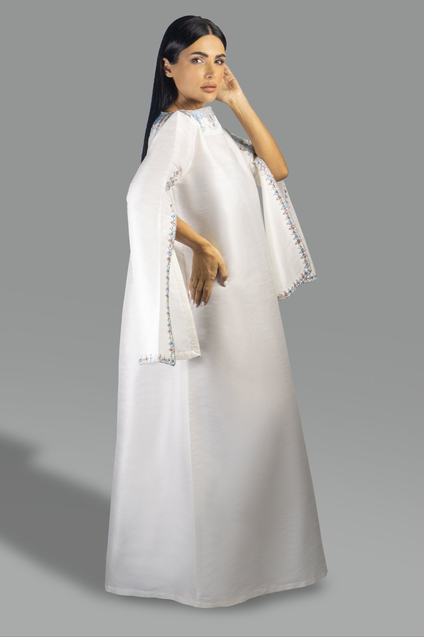 Elegant Off - White Gown with Embroidered Cape Sleeves - Gown - Ceremony