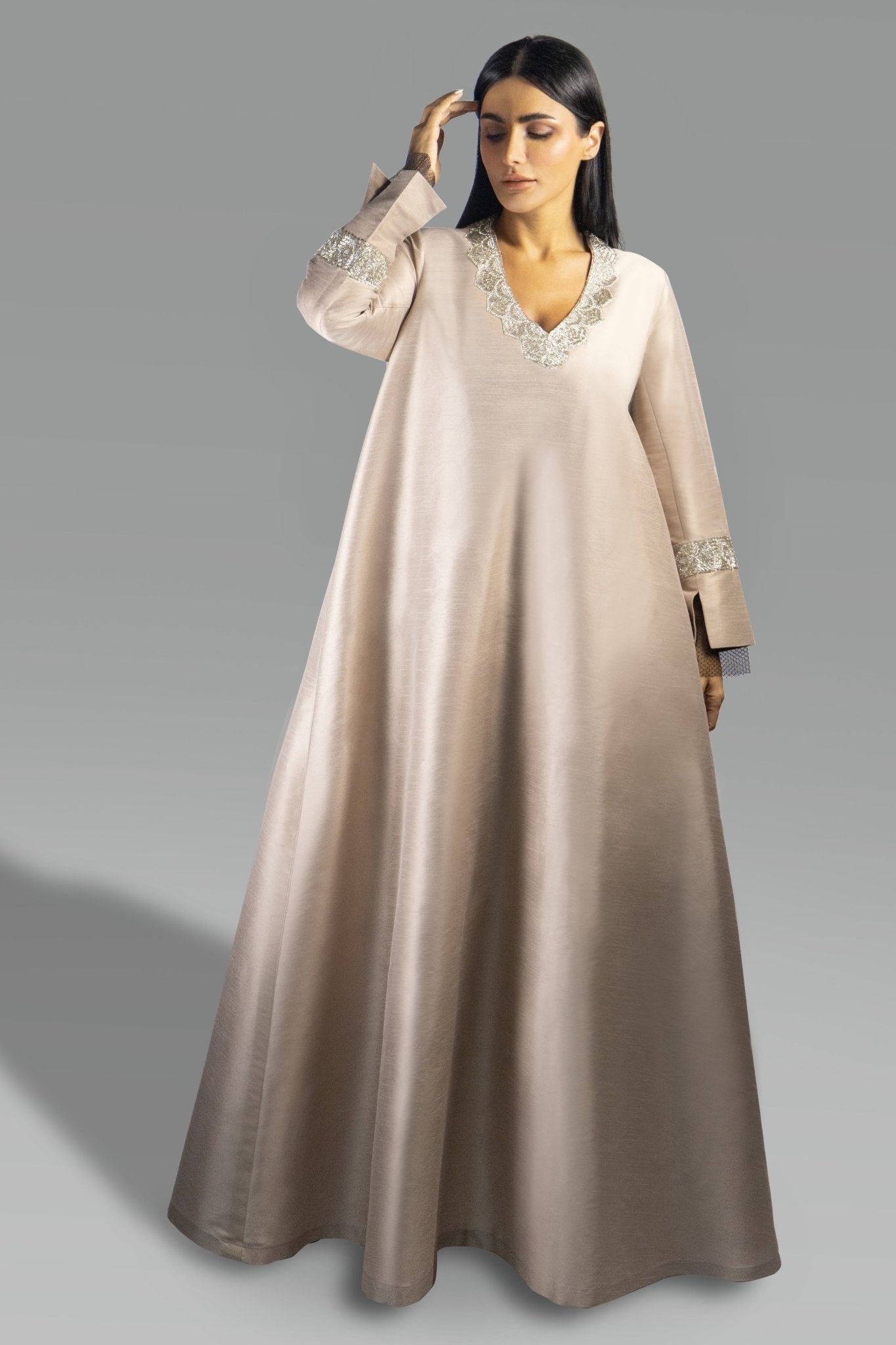 Graceful Nude Blush Gown with Embroidered Accents - Gown - Ceremony