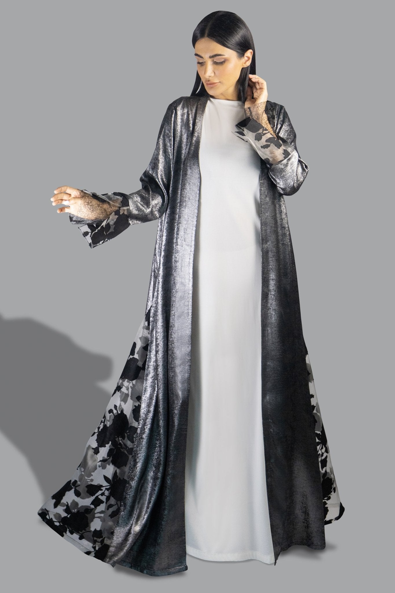 Luxe Black Silver Metallic Abaya with Sheer Detailing - Gown - Ceremony