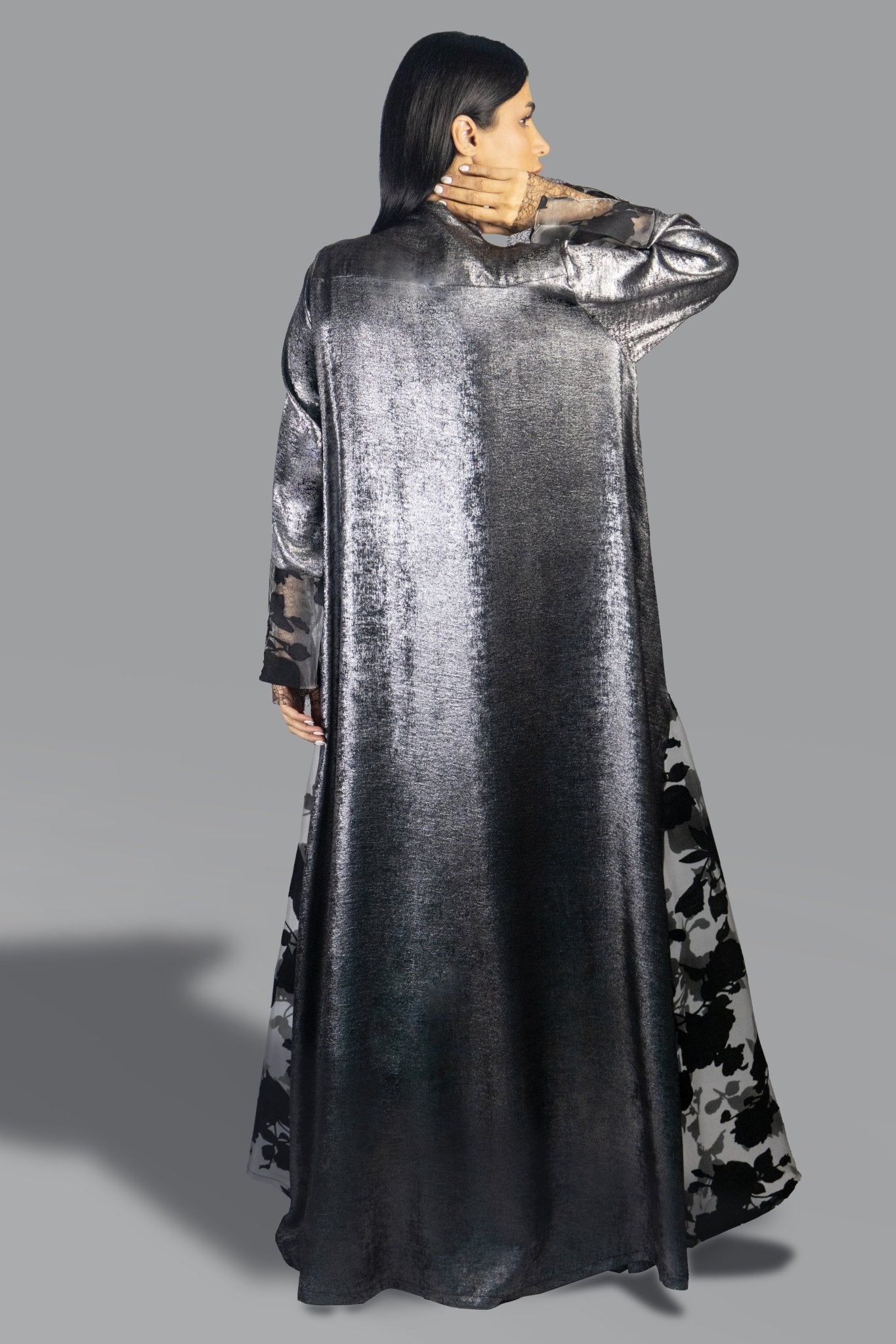 Luxe Black Silver Metallic Abaya with Sheer Detailing - Gown - Ceremony
