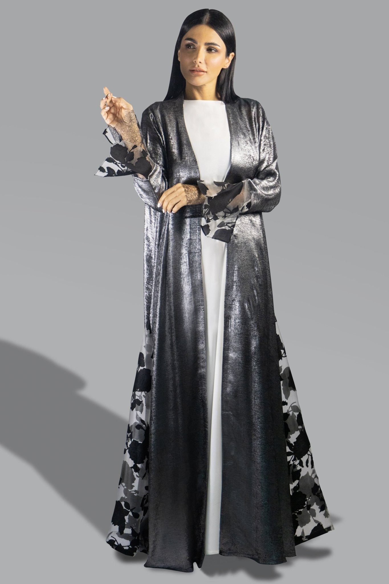 Luxe Black Silver Metallic Abaya with Sheer Detailing - Gown - Ceremony