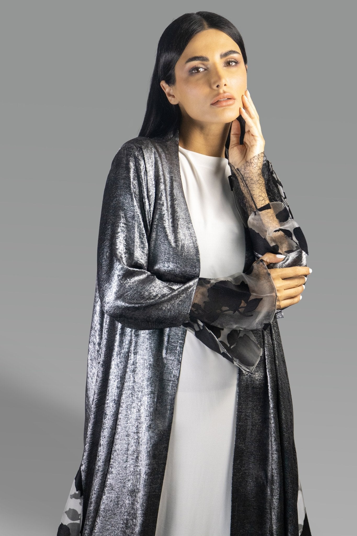 Luxe Black Silver Metallic Abaya with Sheer Detailing - Gown - Ceremony