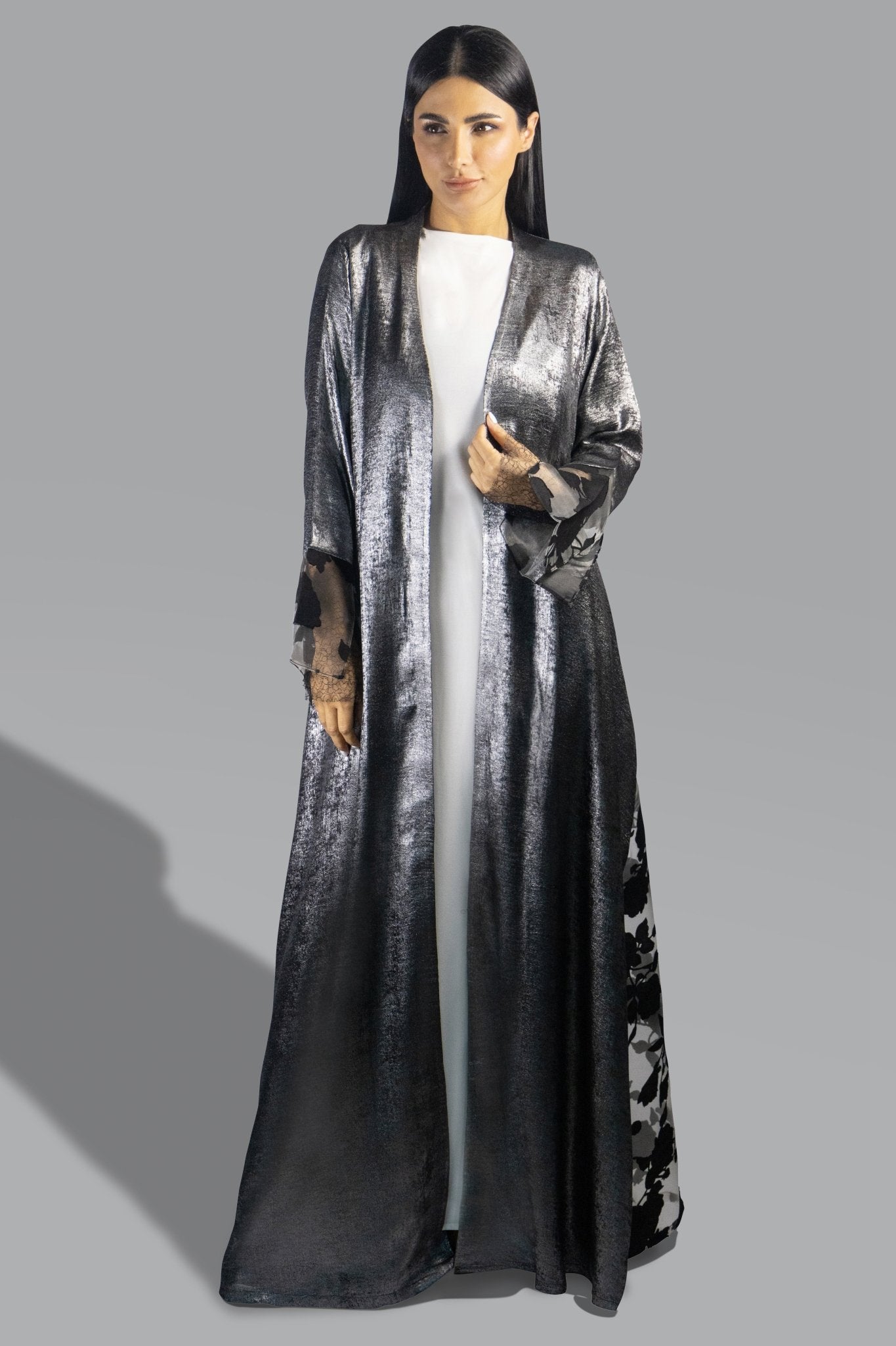 Luxe Black Silver Metallic Abaya with Sheer Detailing - Gown - Ceremony