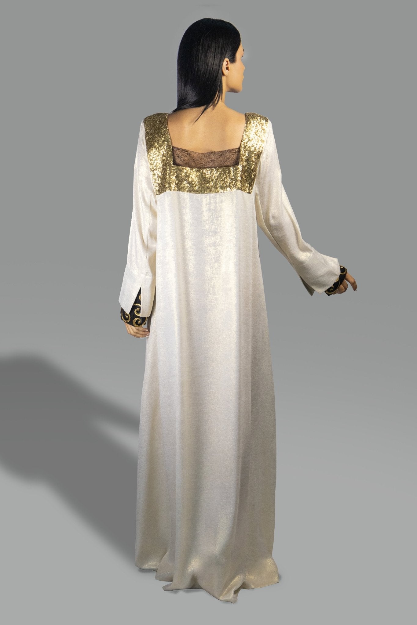 Luxe Golden Ivory Gown with Sequined Bodice and Embroidered Cuffs - Gown - Ceremony