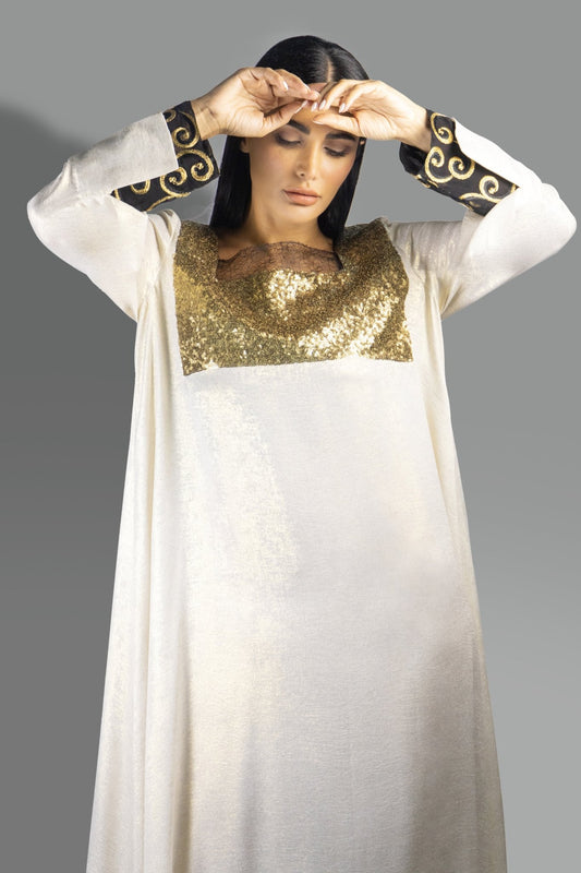 Luxe Golden Ivory Gown with Sequined Bodice and Embroidered Cuffs - Gown - Ceremony