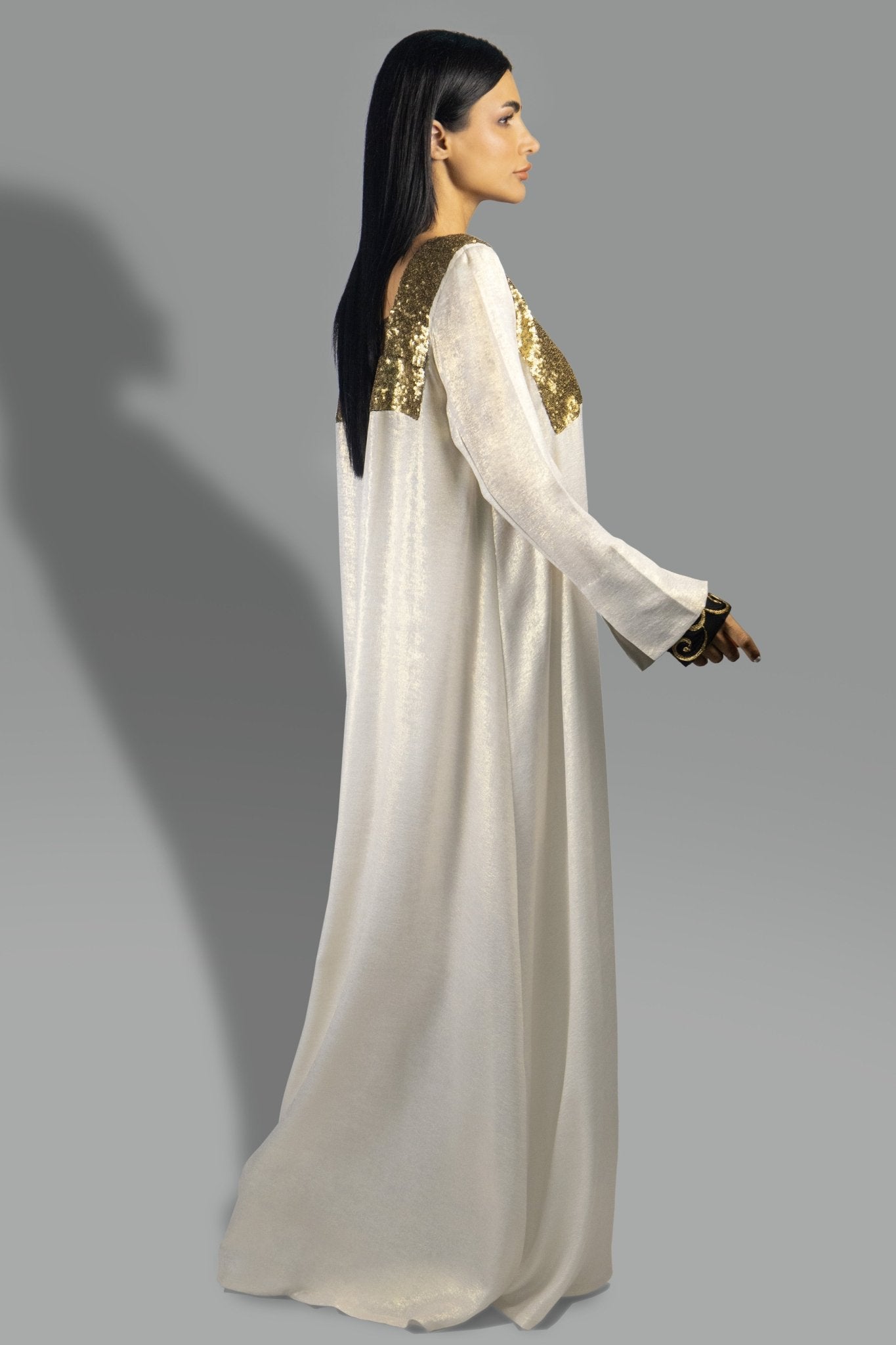 Luxe Golden Ivory Gown with Sequined Bodice and Embroidered Cuffs - Gown - Ceremony