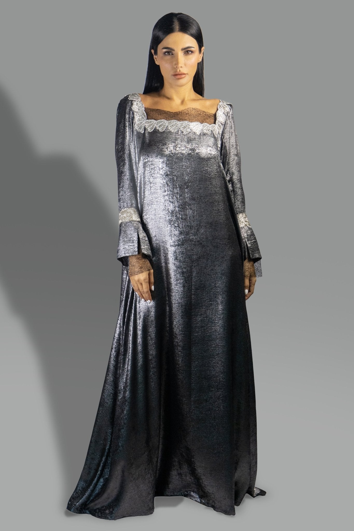 Metallic Black Silver Gown with Sheer Accents and Embroidered Details - Gown - Ceremony