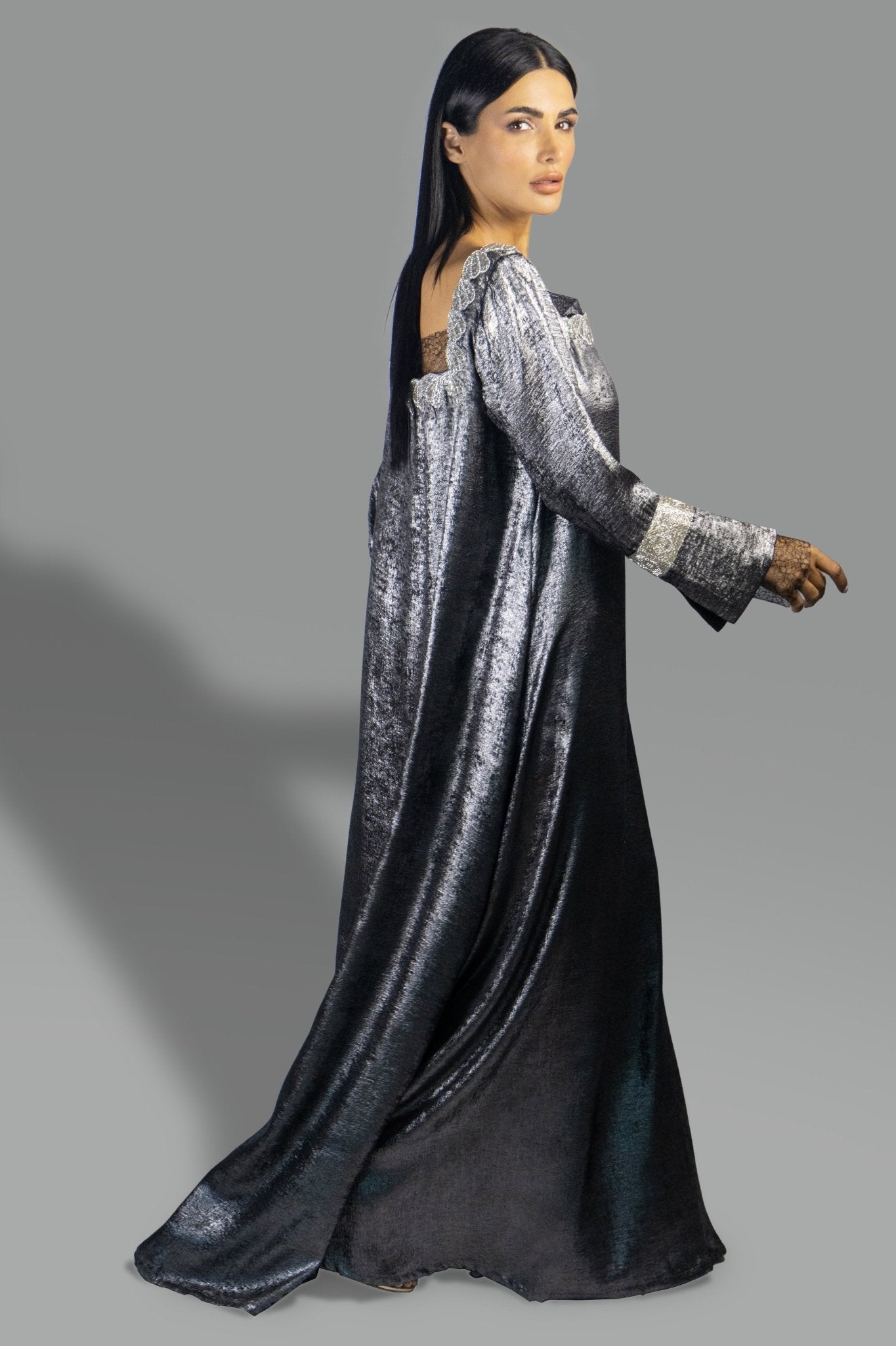 Metallic Black Silver Gown with Sheer Accents and Embroidered Details - Gown - Ceremony