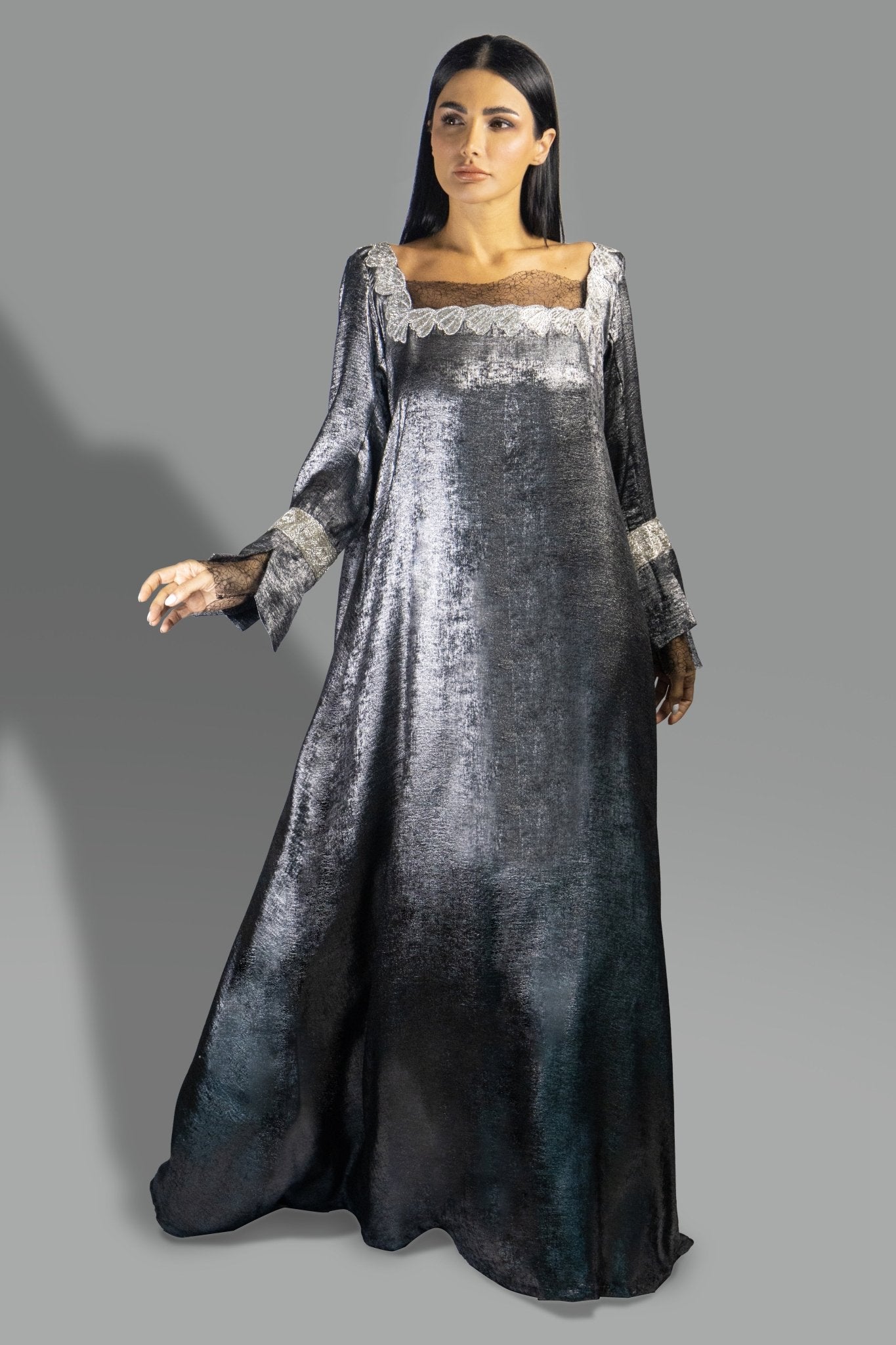 Metallic Black Silver Gown with Sheer Accents and Embroidered Details - Gown - Ceremony