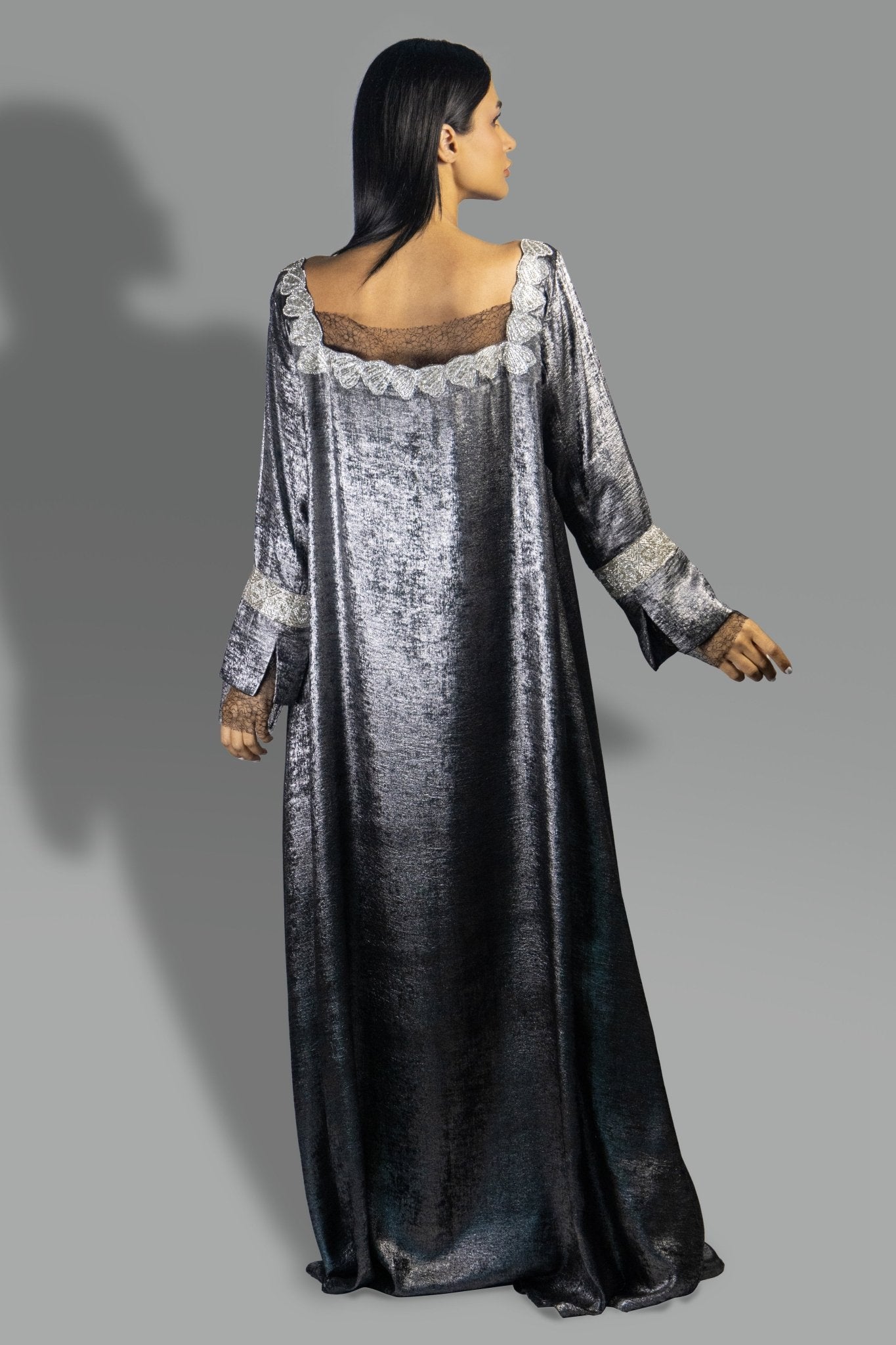 Metallic Black Silver Gown with Sheer Accents and Embroidered Details - Gown - Ceremony