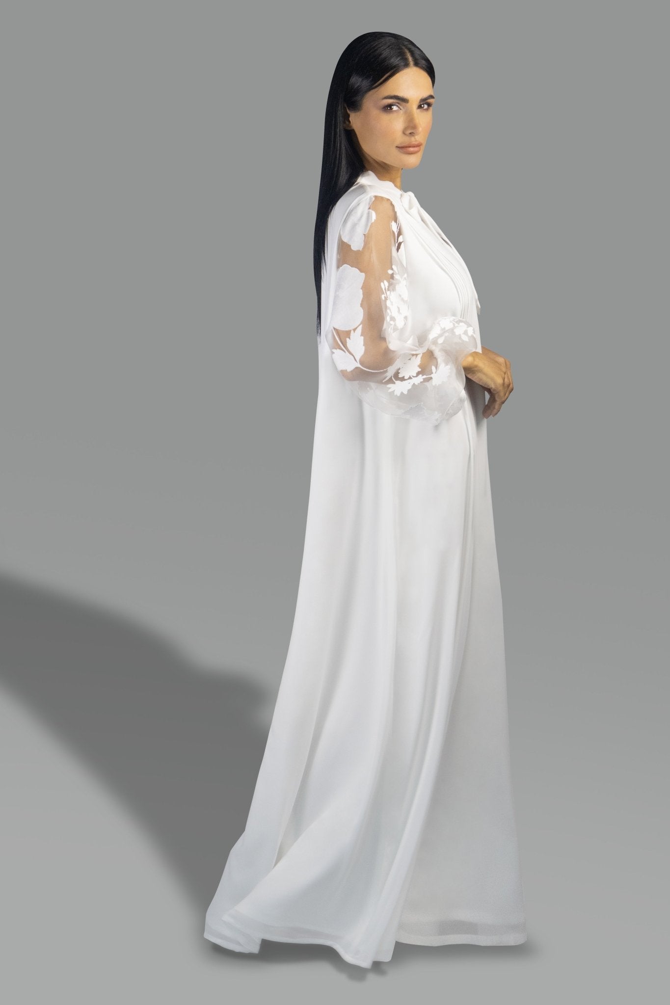 Off - White Tie - Neck Floral Gown - Gown - Ceremony