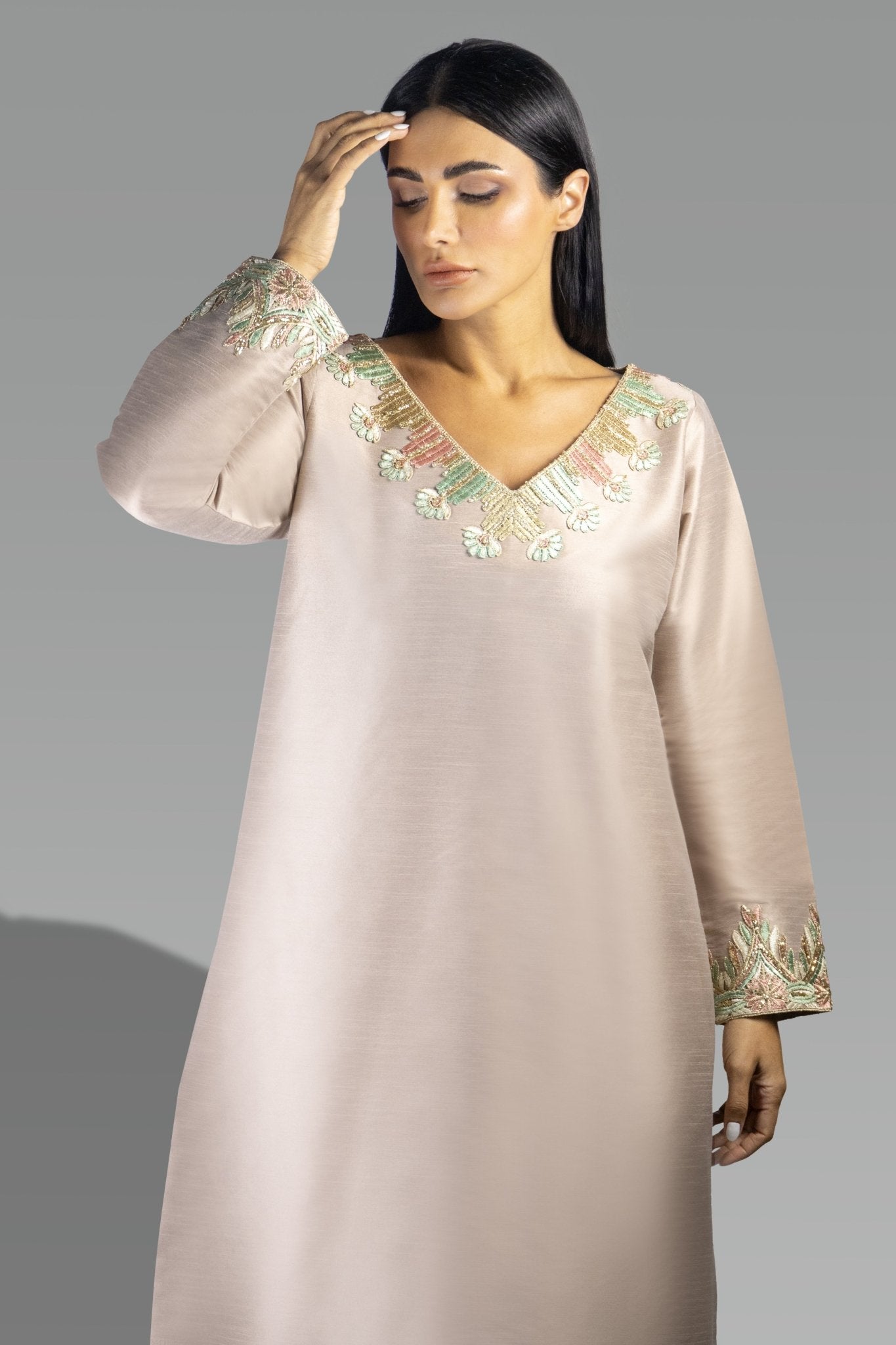 Refined Blush Satin Gown with Delicate Embroidery - Gown - Ceremony