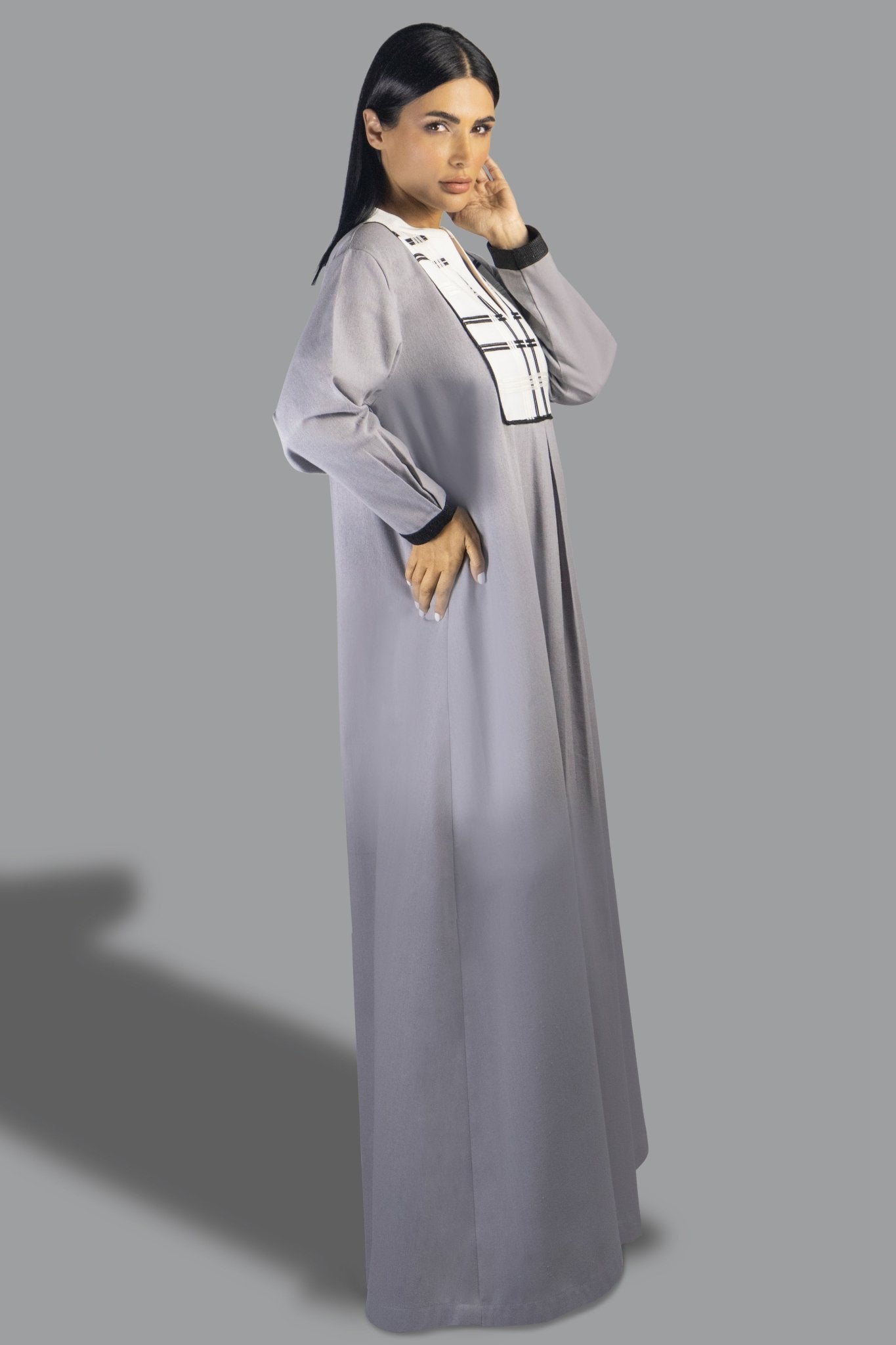 Sophisticated Grey Shirt Dress with Contrast Plaid Bib - Gown - Ceremony