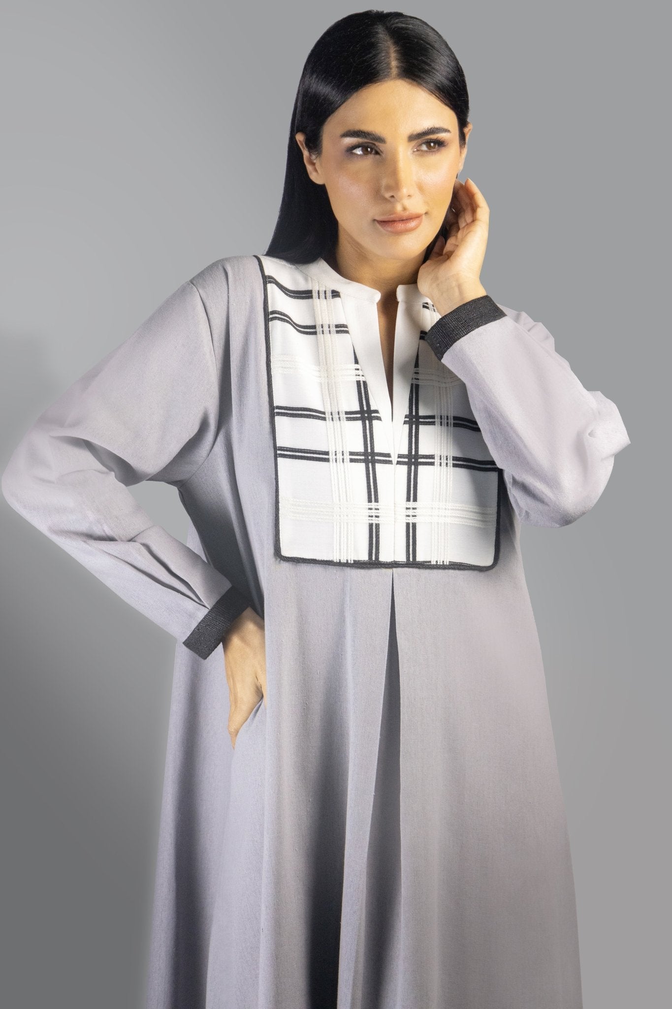 Sophisticated Grey Shirt Dress with Contrast Plaid Bib - Gown - Ceremony