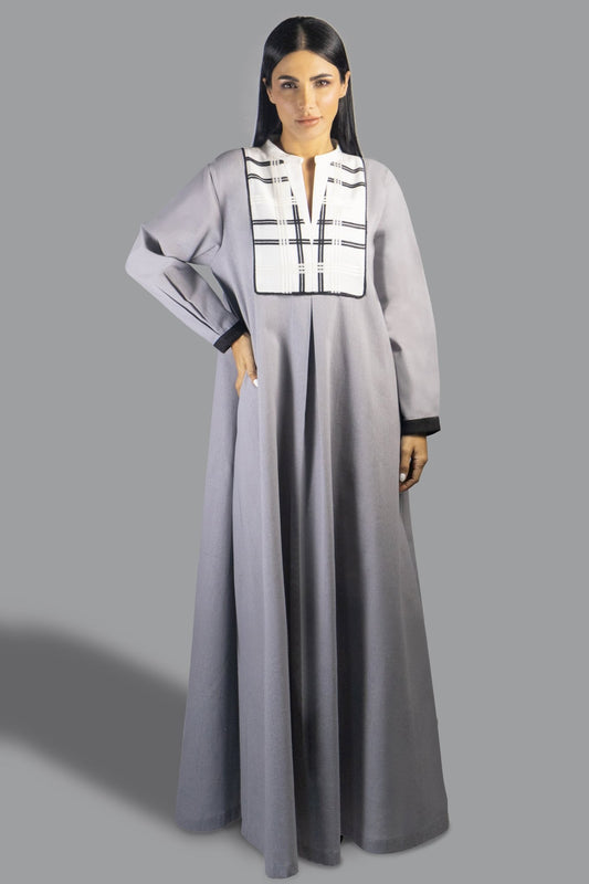 Sophisticated Grey Shirt Dress with Contrast Plaid Bib - Gown - Ceremony