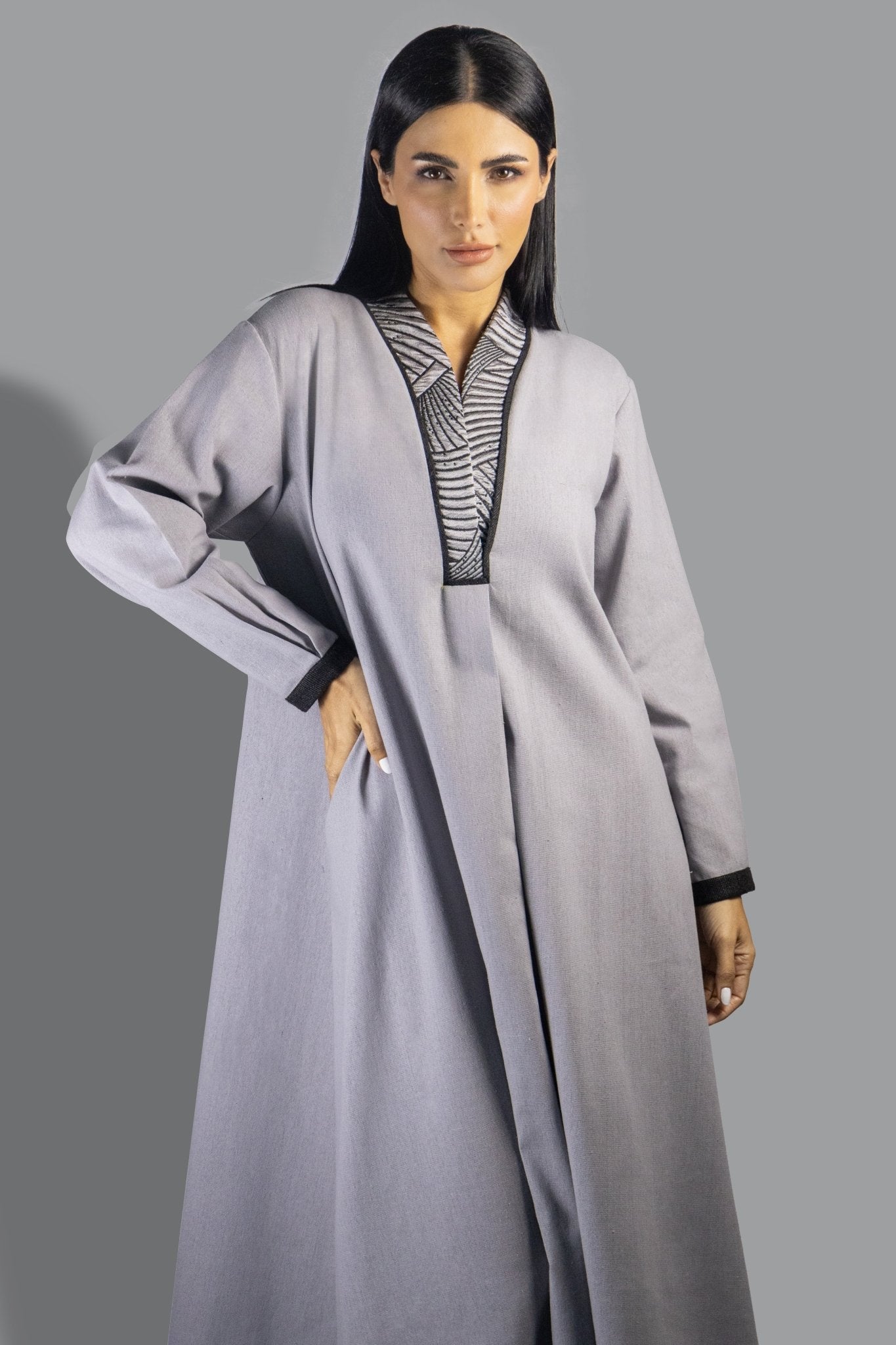 Sophisticated Grey Shirt Dress with Contrast Trim - Gown - Ceremony