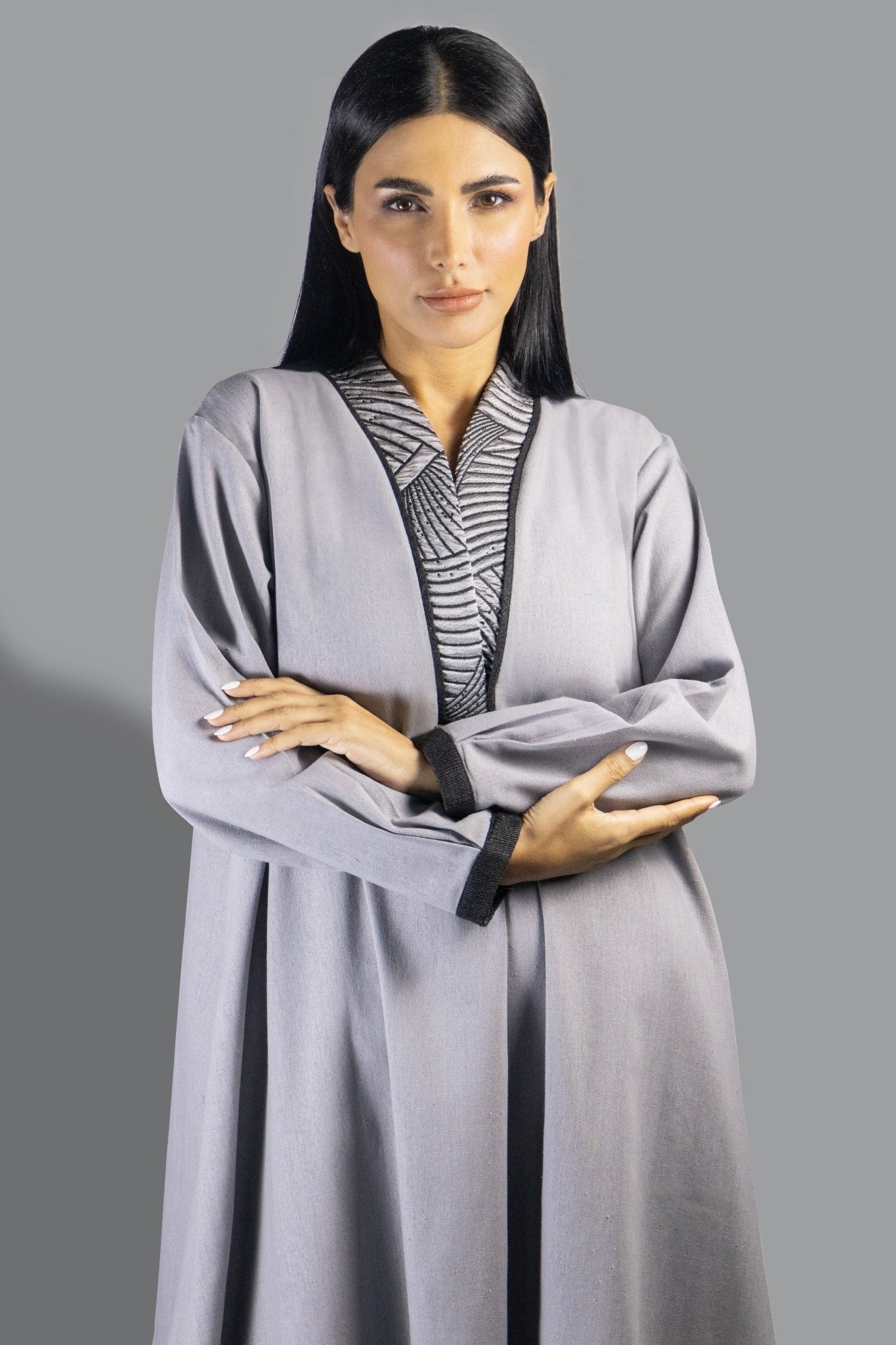 Sophisticated Grey Shirt Dress with Contrast Trim - Gown - Ceremony