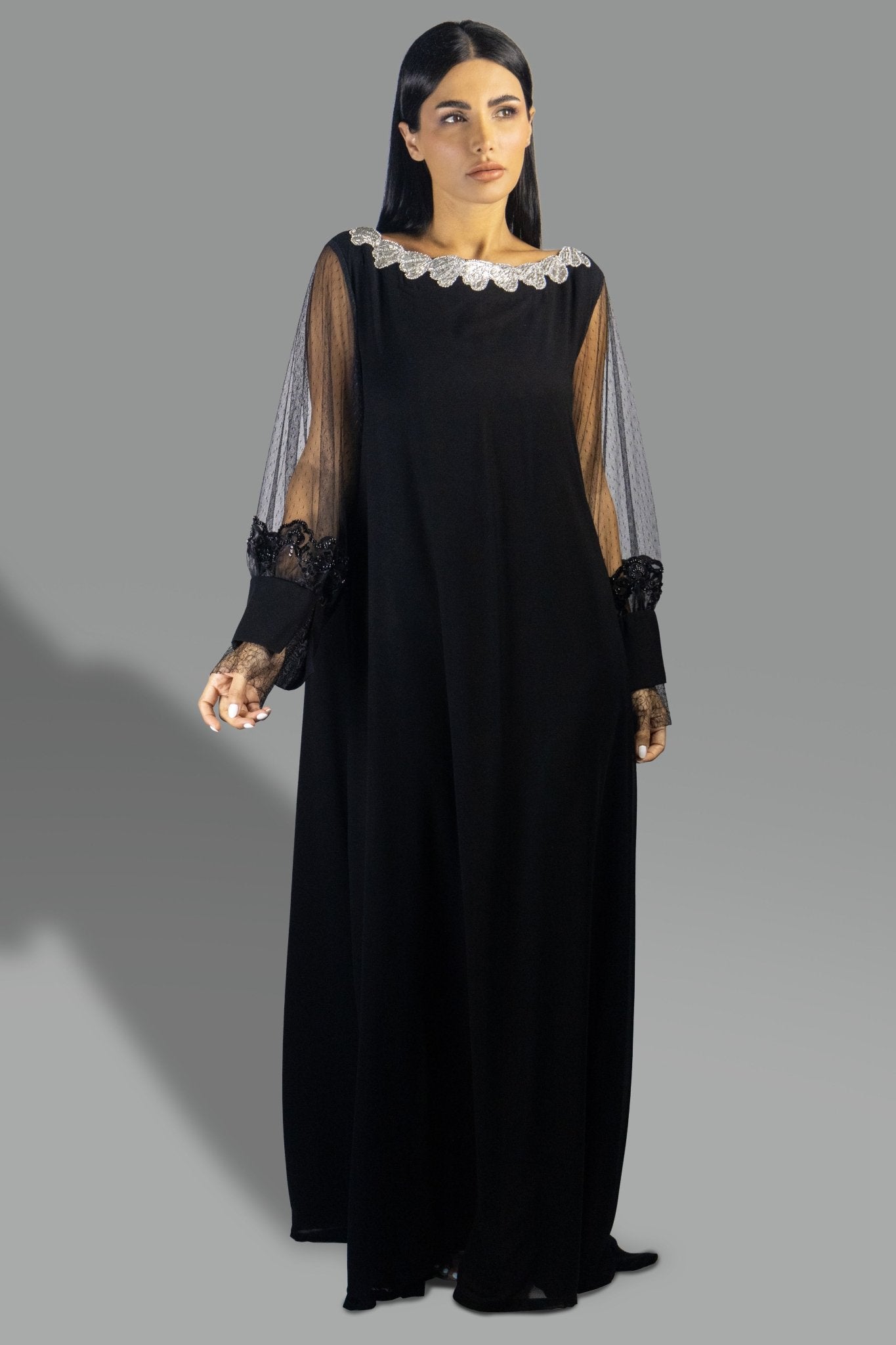 Timeless Black Gown with Sheer Lace Sleeves and Embroidered Collar - Gown - Ceremony