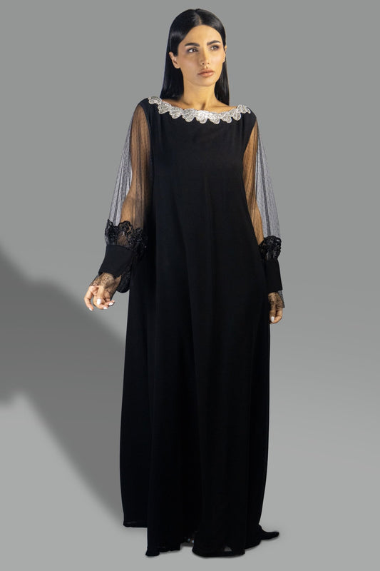 Timeless Black Gown with Sheer Lace Sleeves and Embroidered Collar - Gown - Ceremony