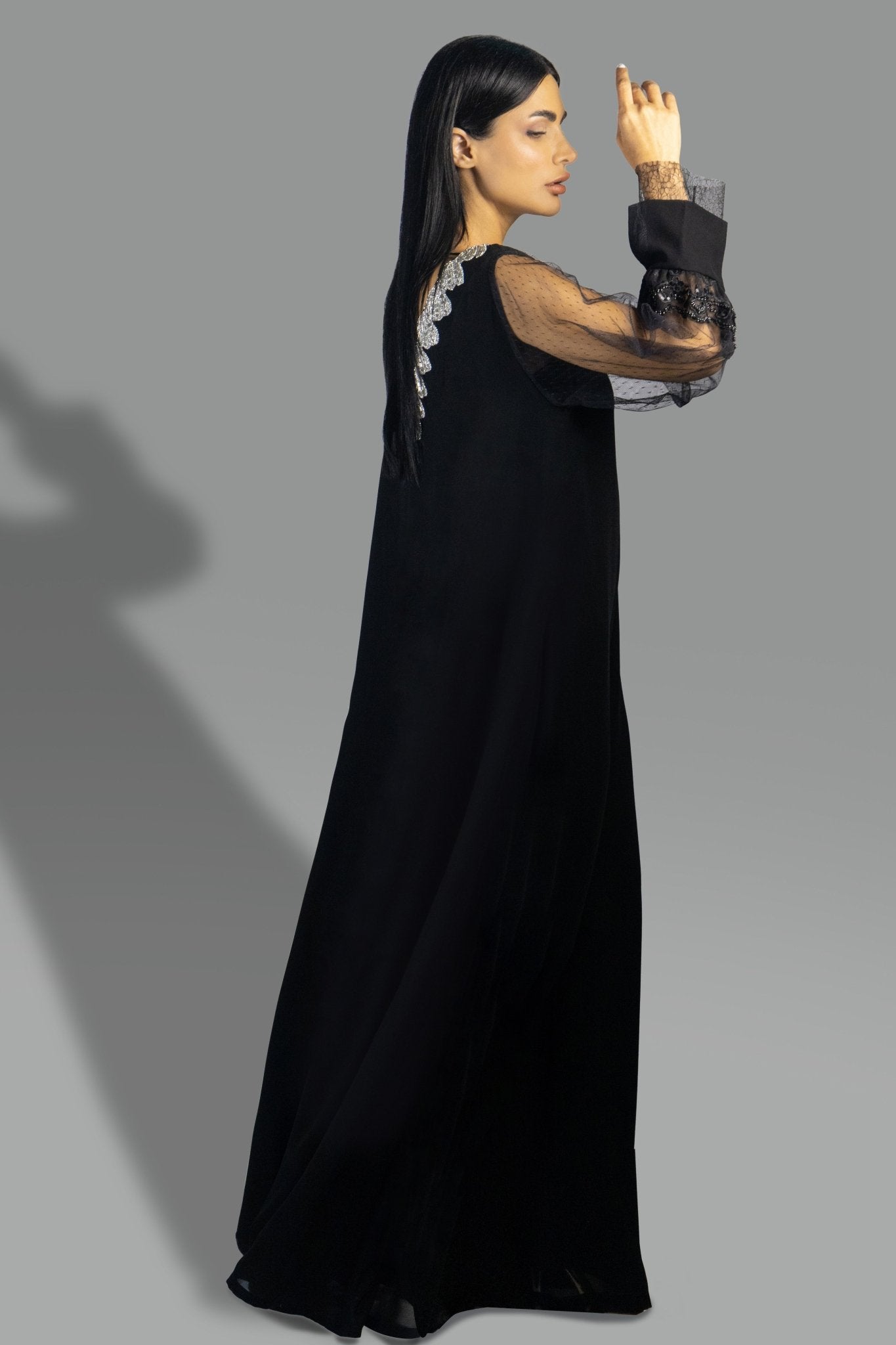 Timeless Black Gown with Sheer Lace Sleeves and Embroidered Collar - Gown - Ceremony