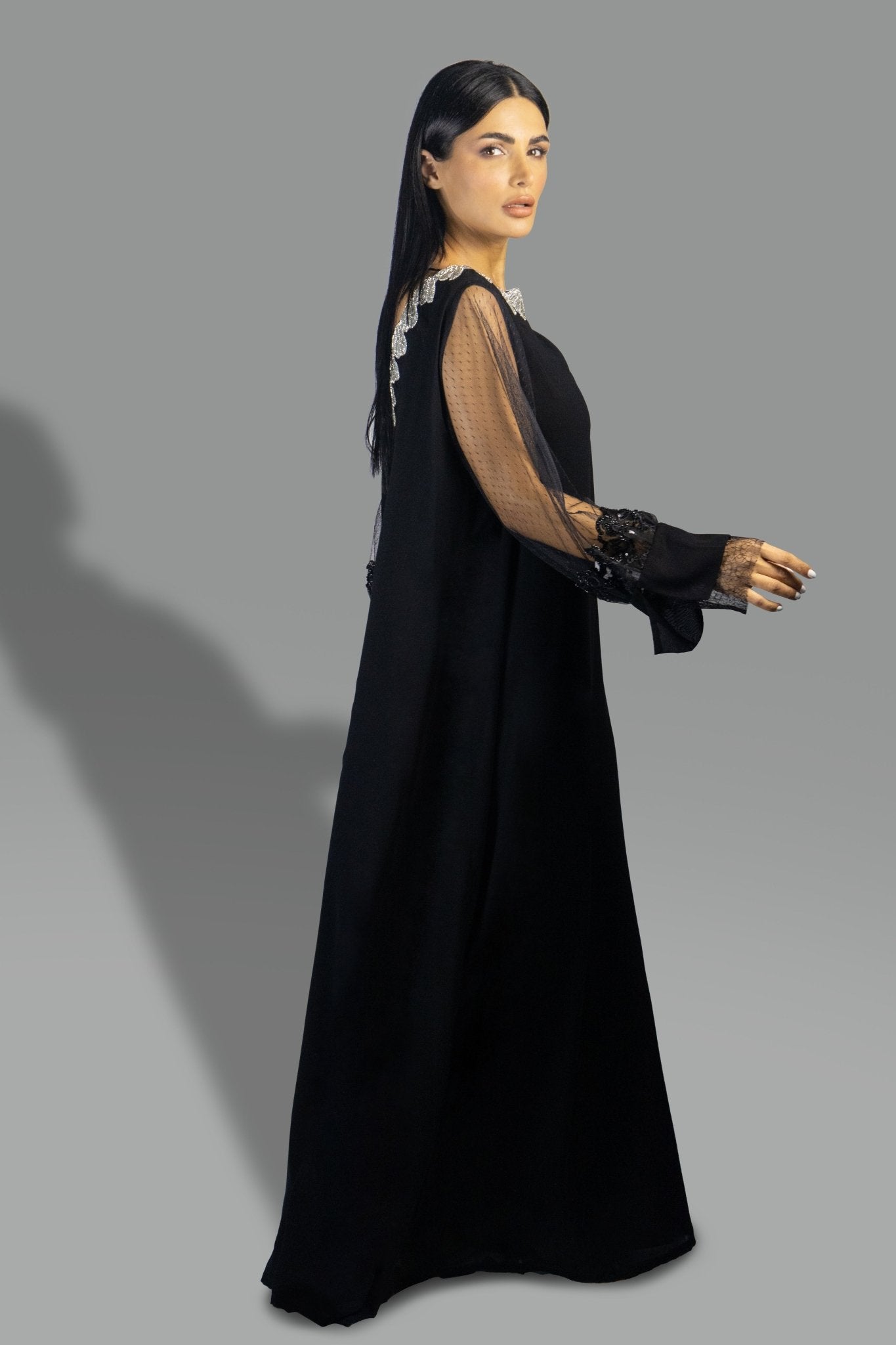 Timeless Black Gown with Sheer Lace Sleeves and Embroidered Collar - Gown - Ceremony