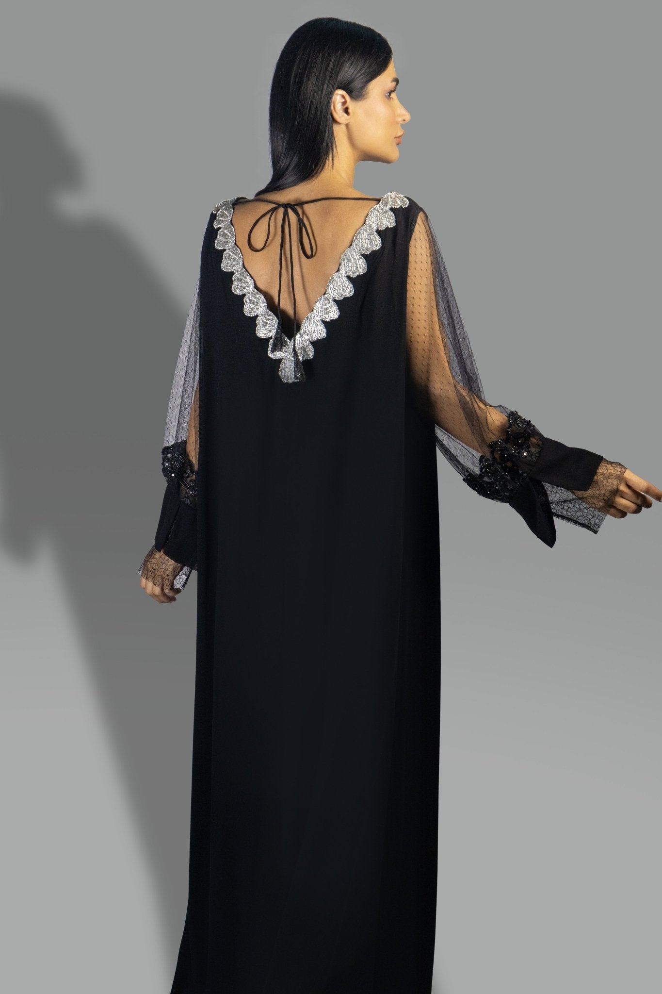 Timeless Black Gown with Sheer Lace Sleeves and Embroidered Collar - Gown - Ceremony