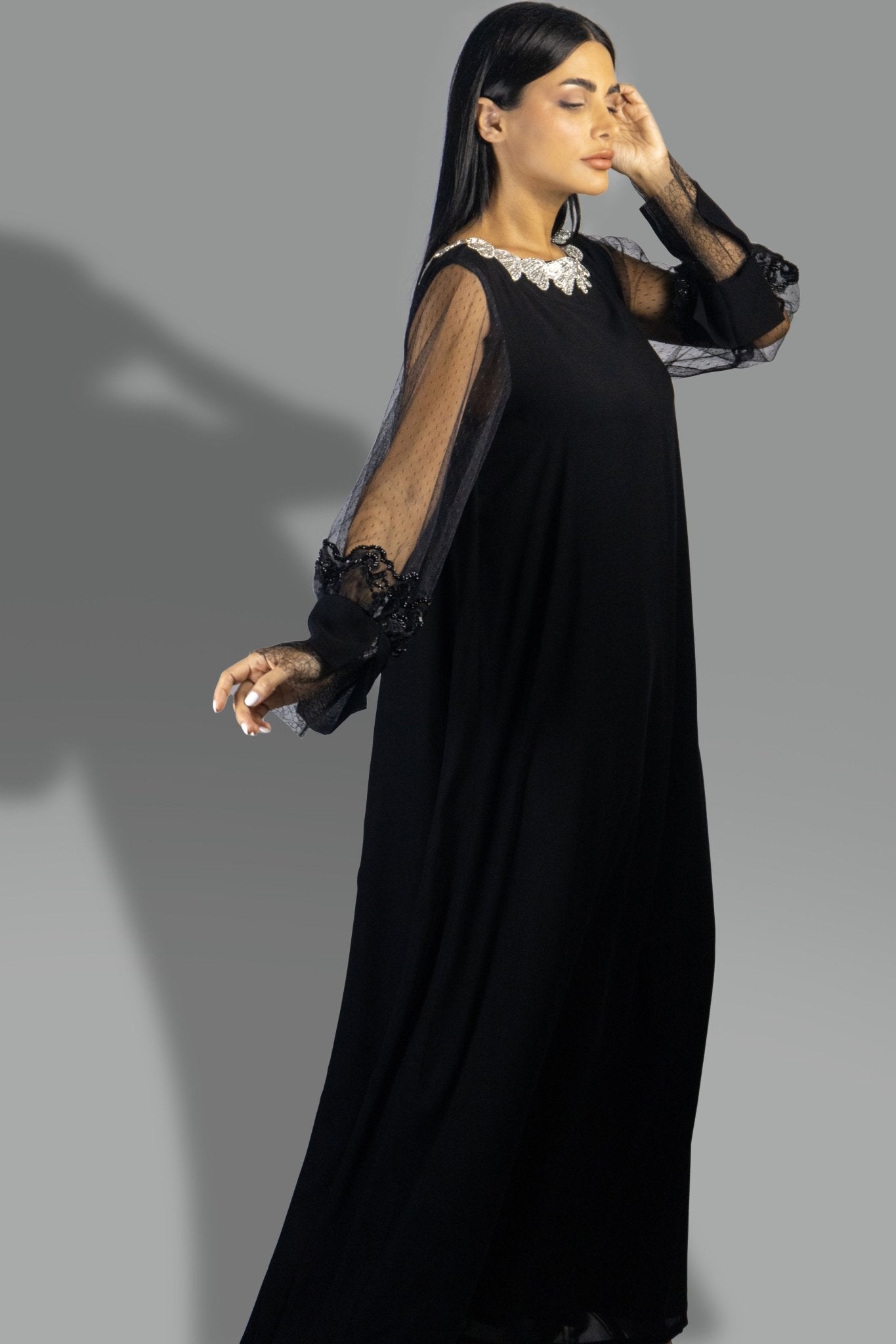 Timeless Black Gown with Sheer Lace Sleeves and Embroidered Collar - Gown - Ceremony